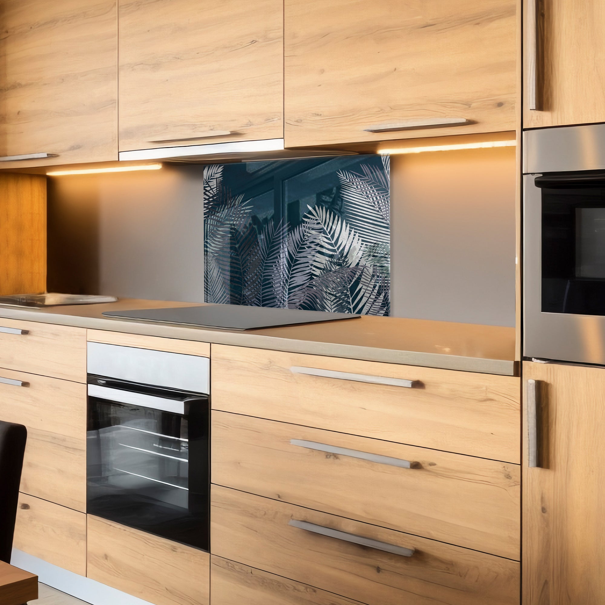 Midnight Palm Leaves Tempered Glass Backsplash – Dark Tropical Kitchen Panel
