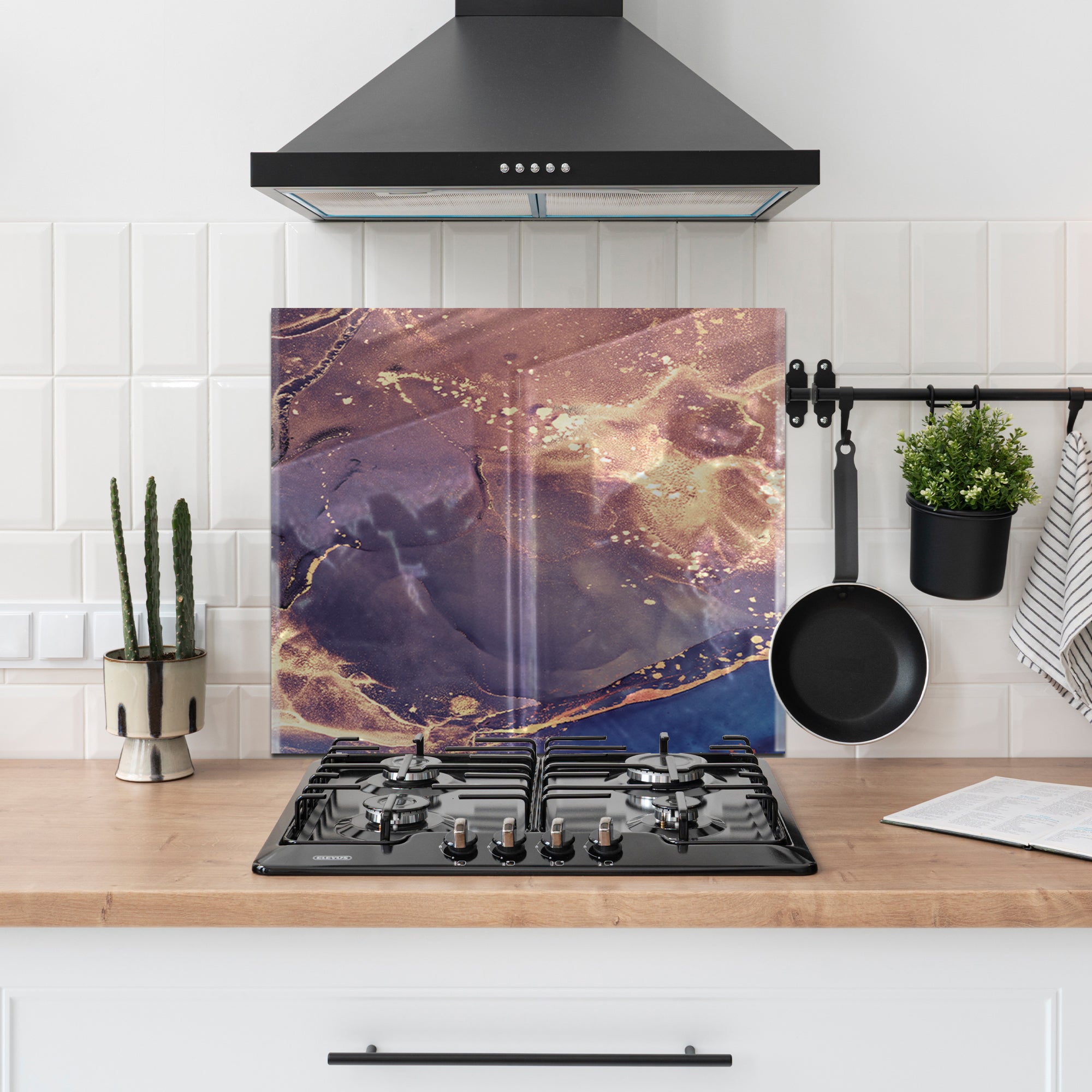 Ink Marble Tempered Glass Backsplash – Blue & Gold Abstract Kitchen Panel