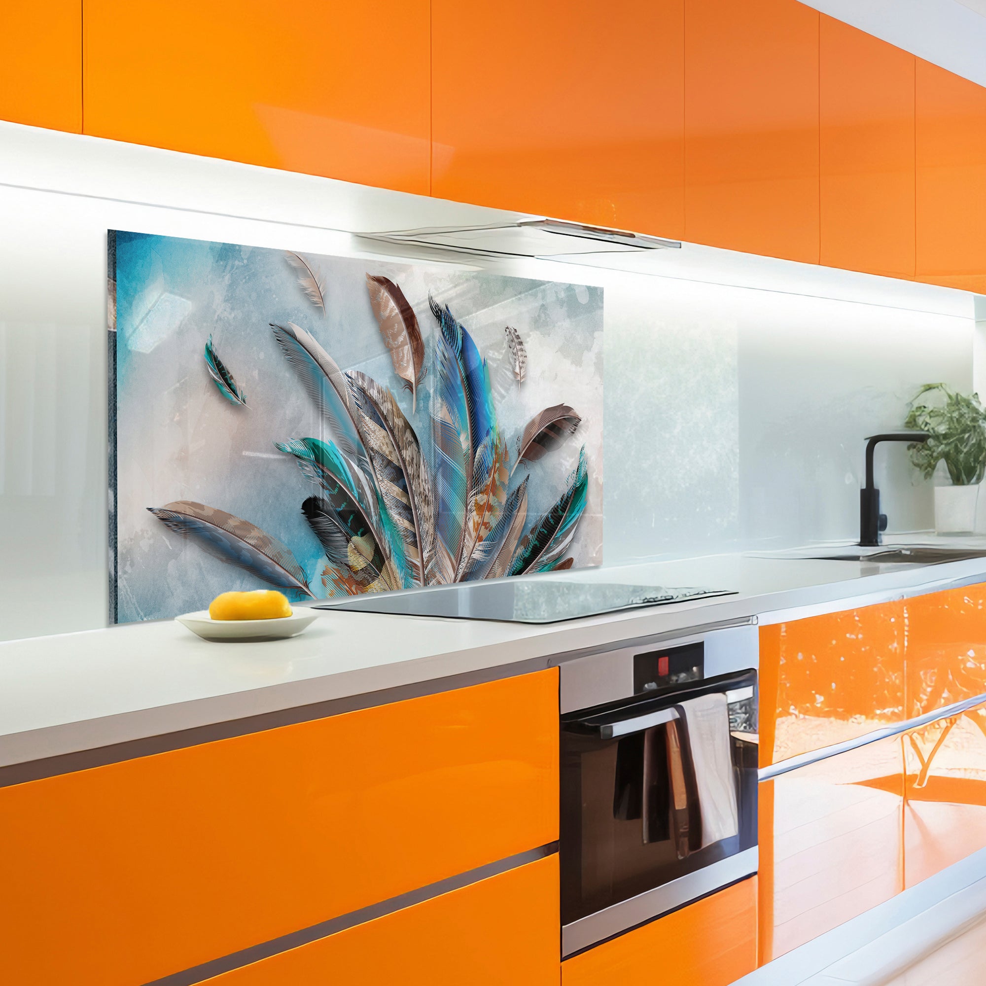 Feather Burst Tempered Glass Backsplash – Colorful Kitchen Art Panel