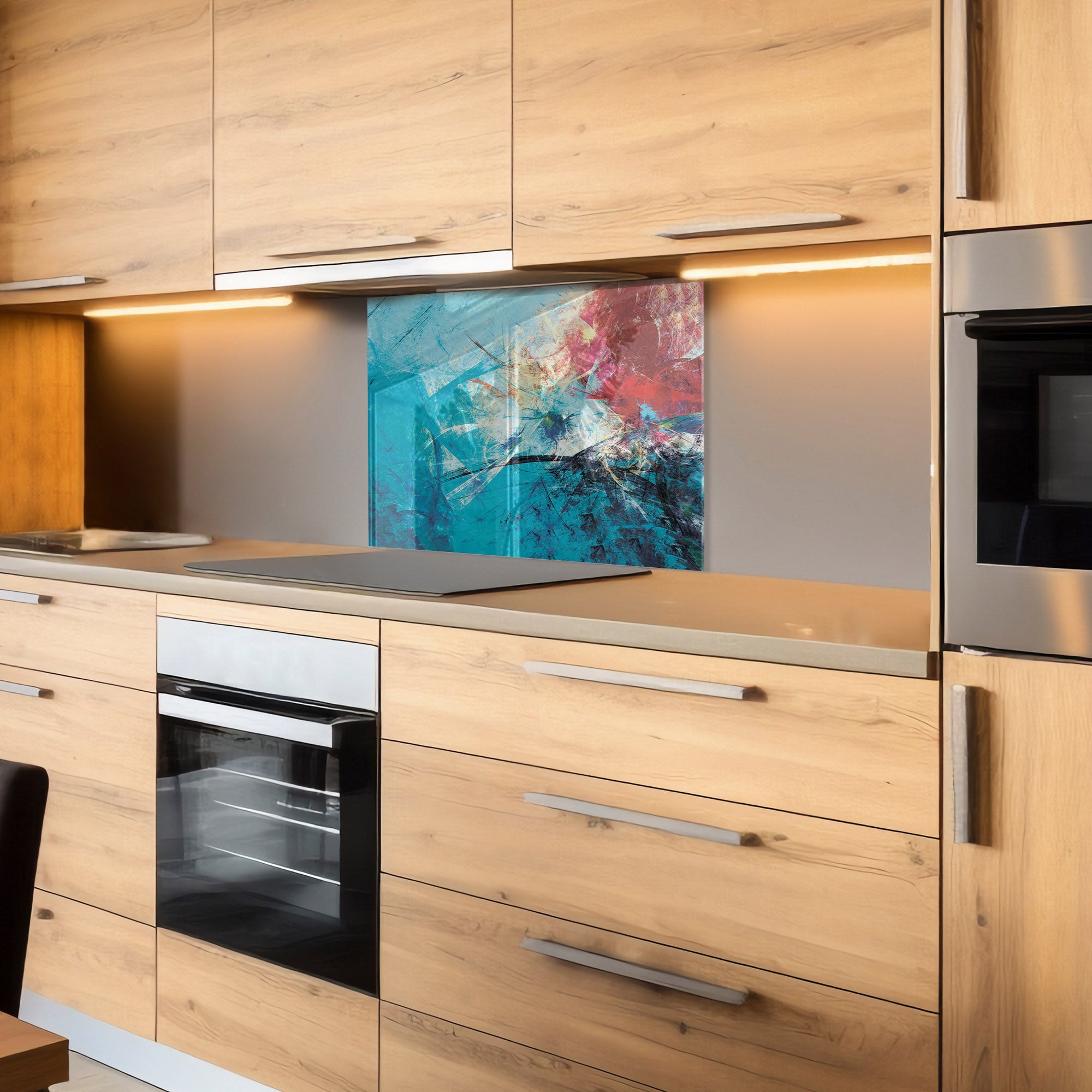 Color Burst Abstract Tempered Glass Backsplash – Vibrant Heat-Resistant Kitchen Panel