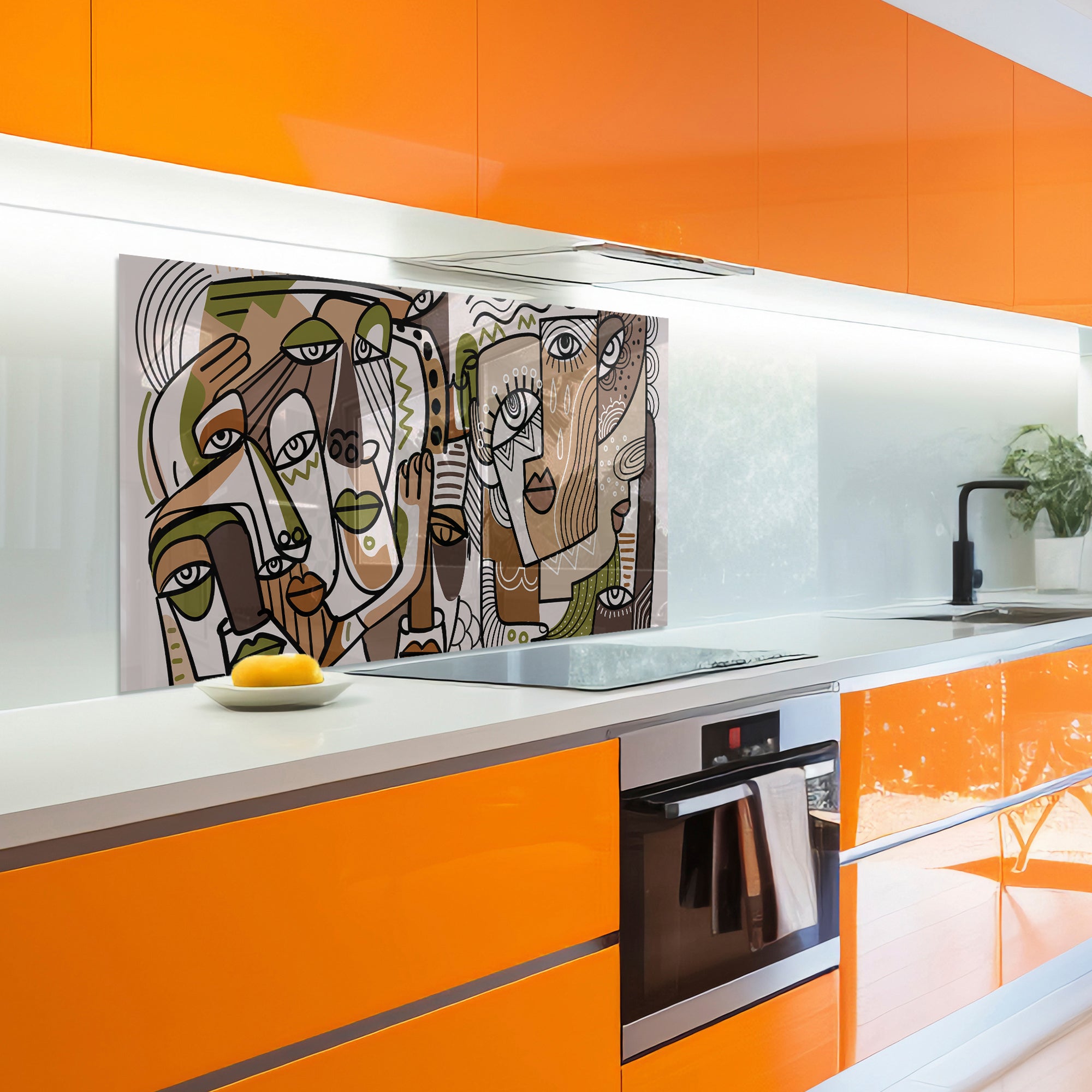 Cubist Faces Tempered Glass Backsplash – Abstract Modern Art Kitchen Panel