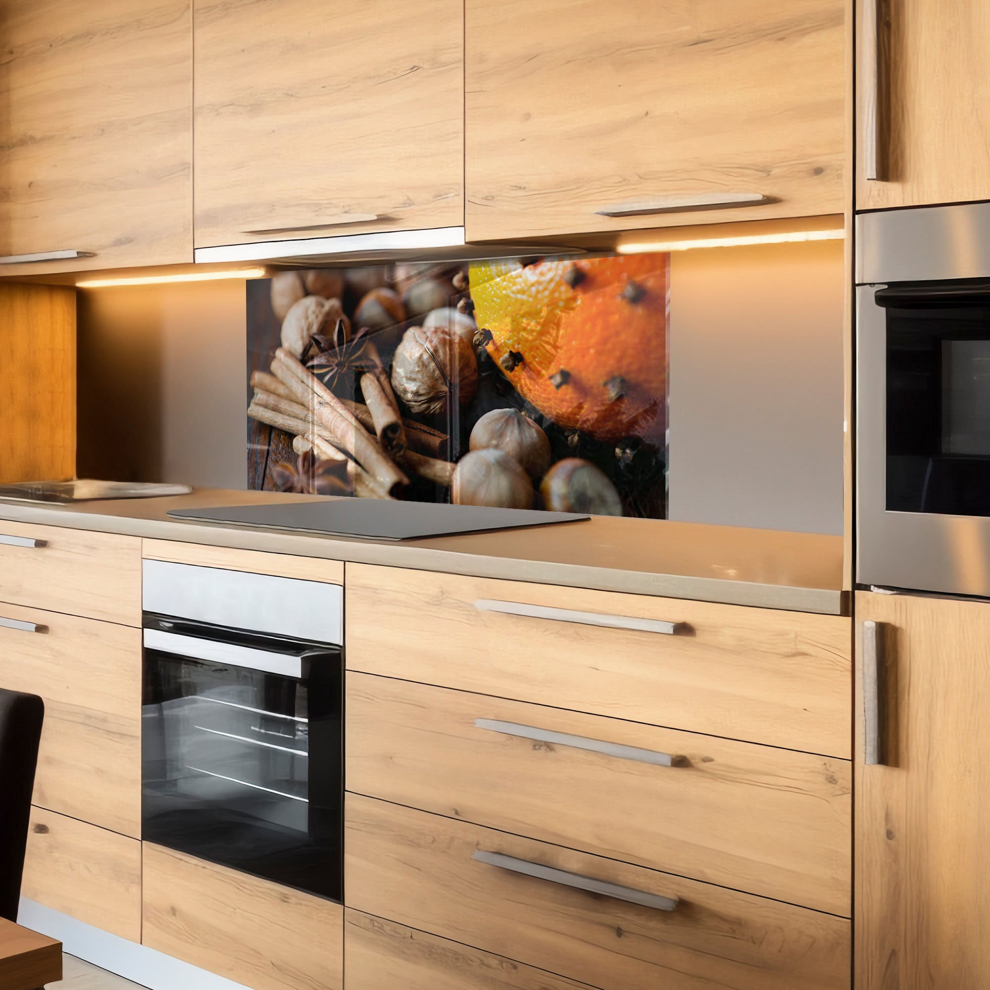 Spices & Nuts Tempered Glass Backsplash – Warm Gourmet Kitchen Panel