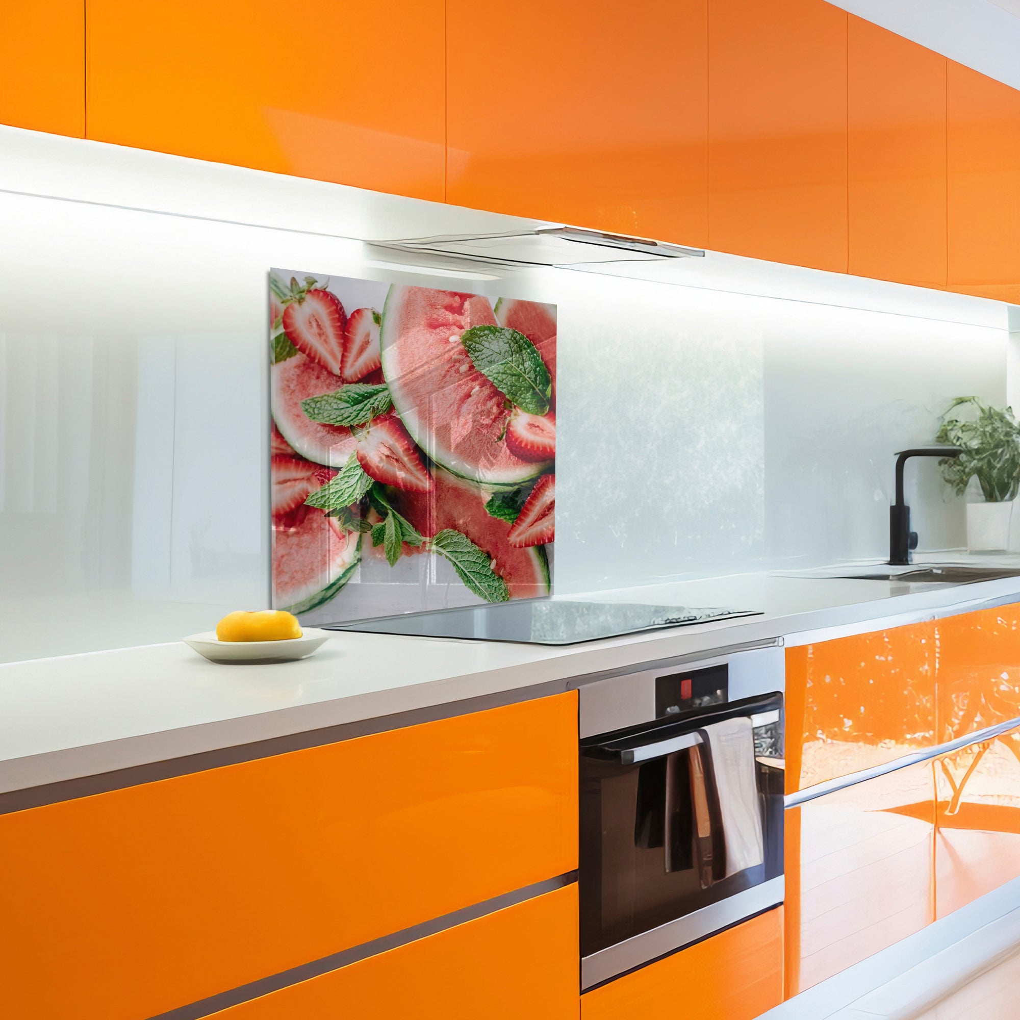 Watermelon & Strawberry Tempered Glass Backsplash – Fresh Summer Kitchen Panel