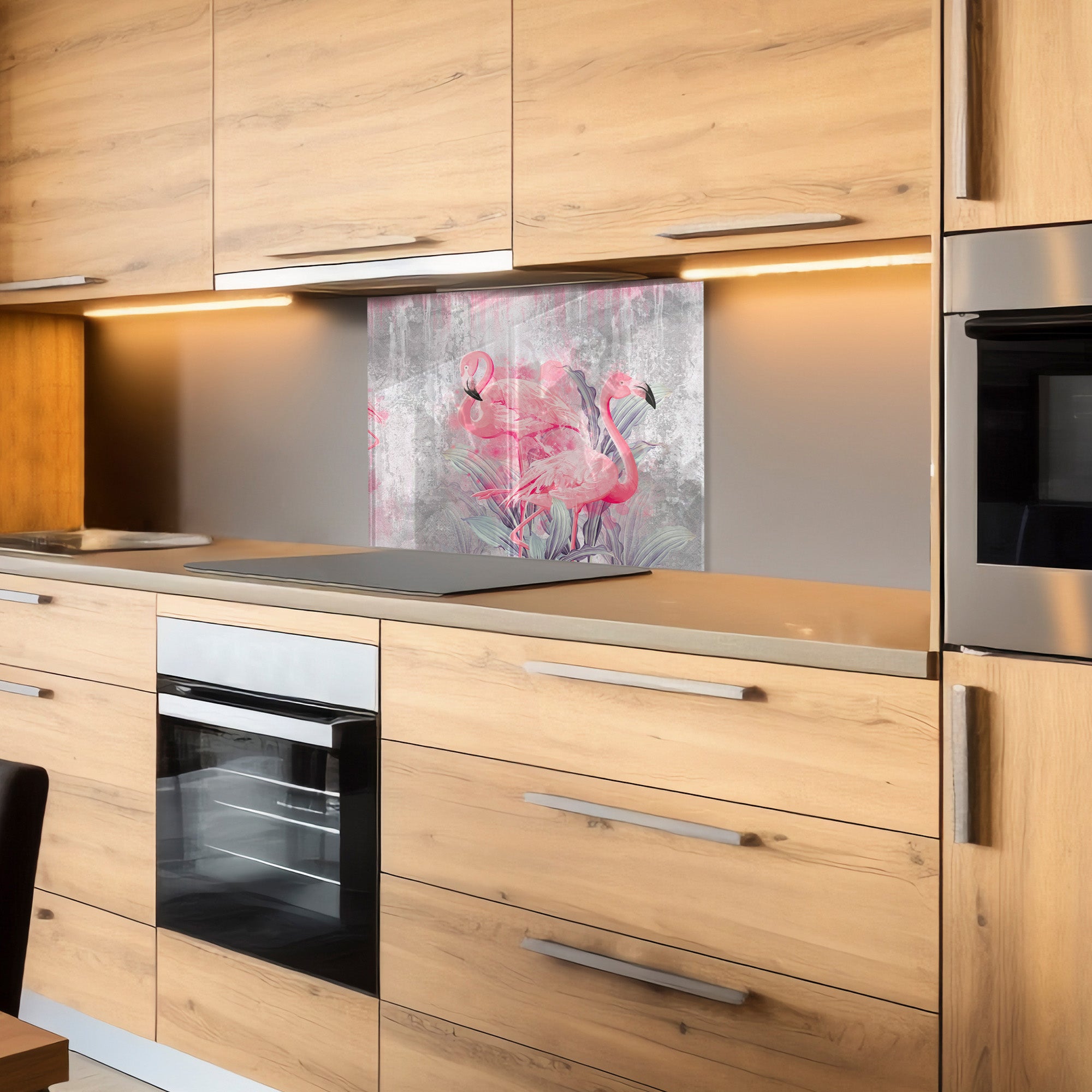 Pink Flamingos Tempered Glass Backsplash – Tropical Kitchen Art Panel
