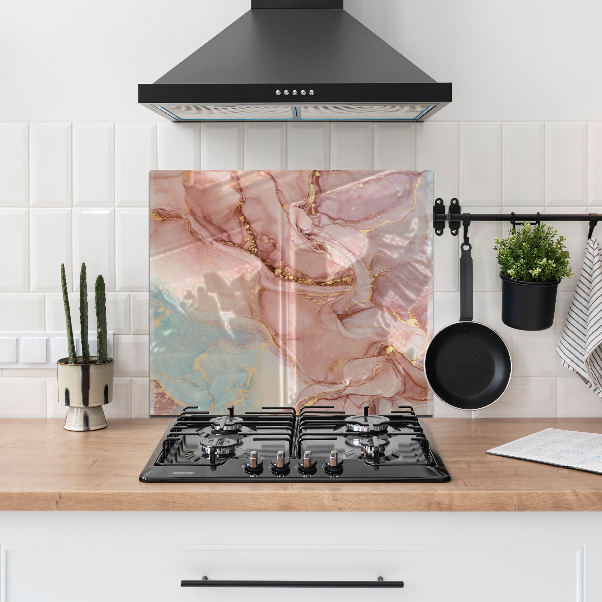 Pink Ink Marble Glass Backsplash – Elegant Abstract Kitchen Panel