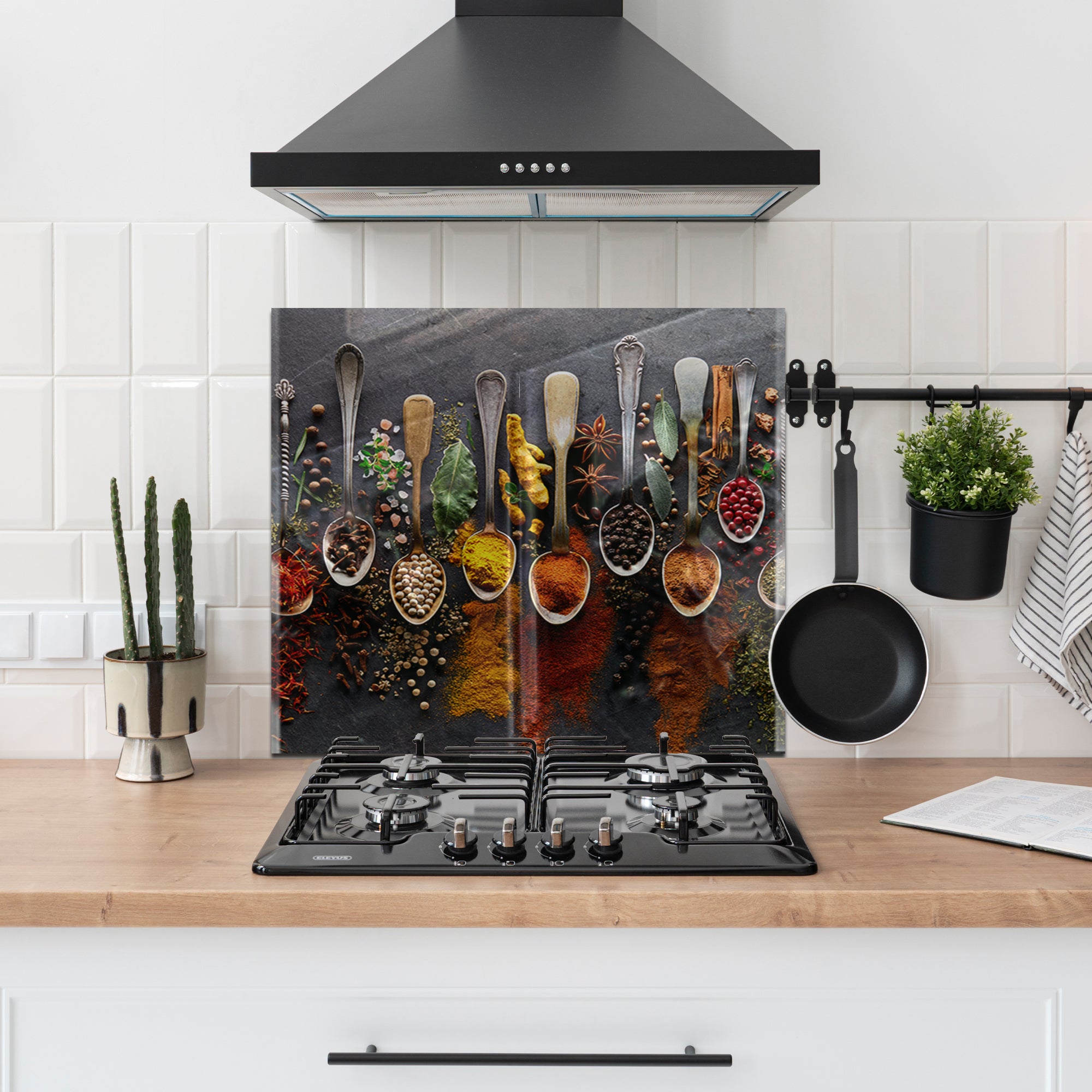 Spices on Dark Stone Tempered Glass Backsplash – Gourmet Kitchen Wall Panel