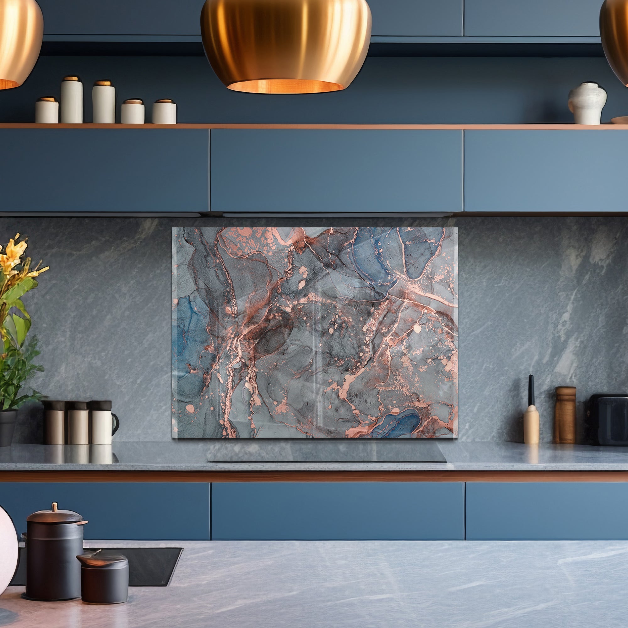 Smoky Rose Marble Tempered Glass Backsplash – Grey & Copper Abstract Panel