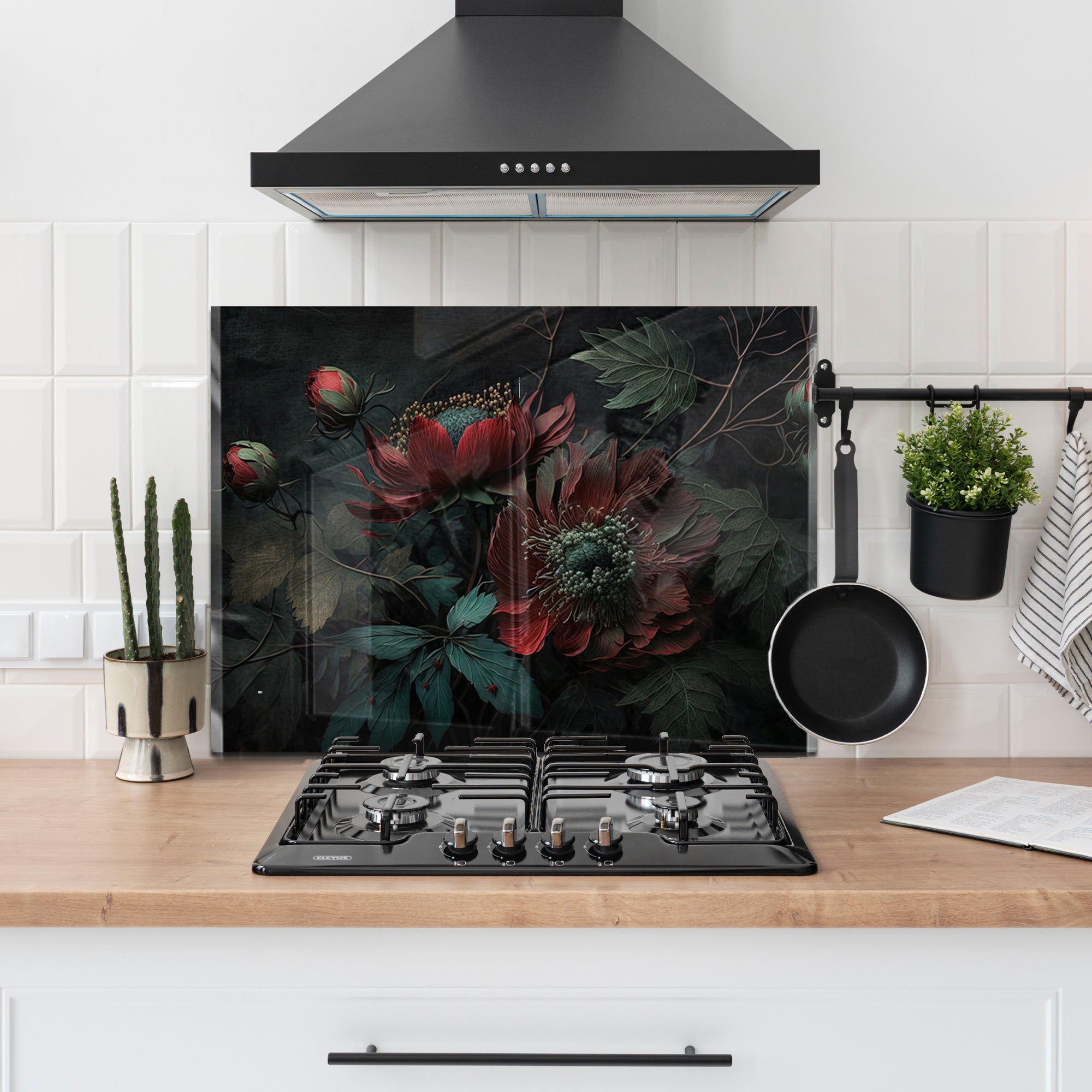 Dark Floral Elegance – Glass Kitchen Backsplash Panel