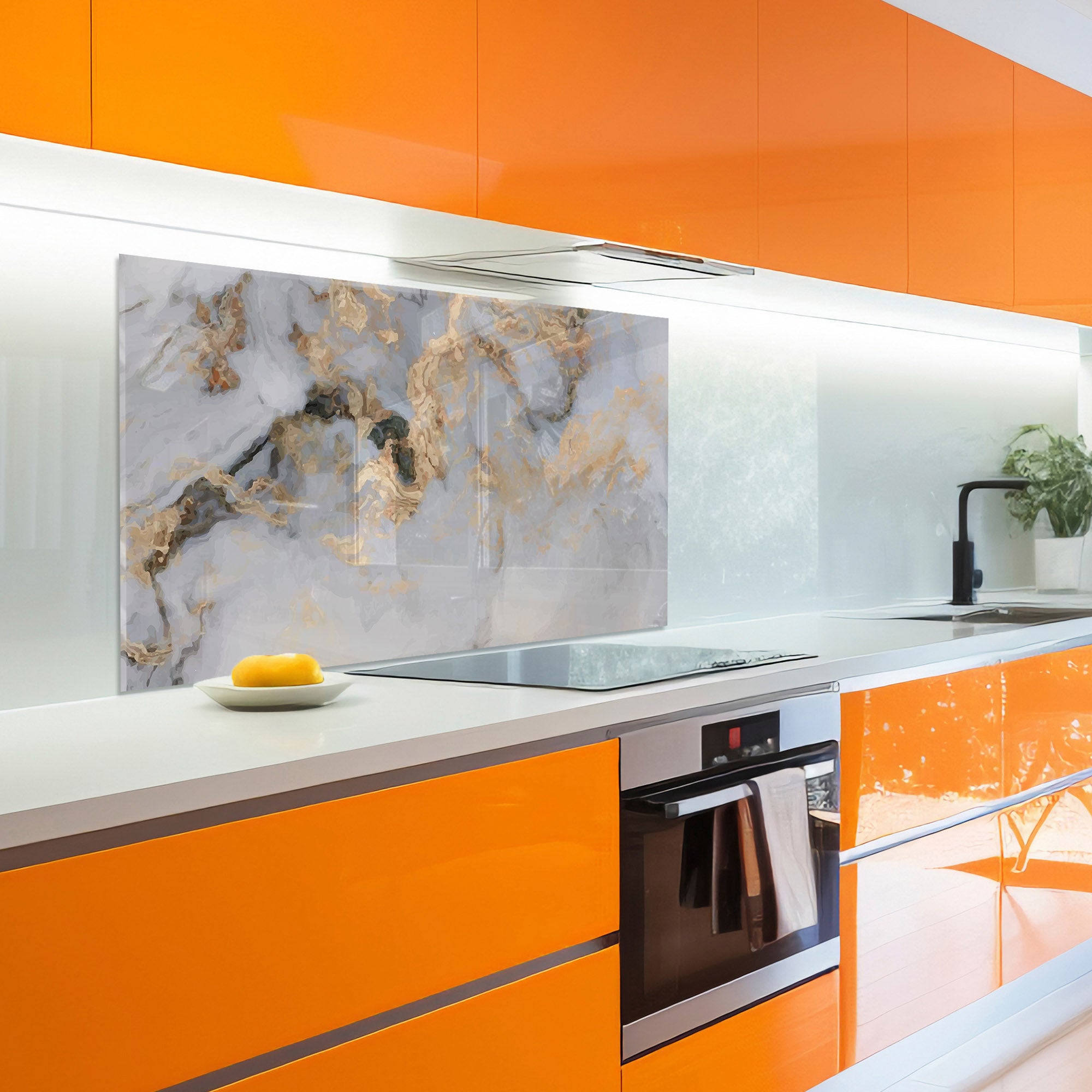 White & Gold Marble Tempered Glass Backsplash – Elegant Kitchen Wall Panel