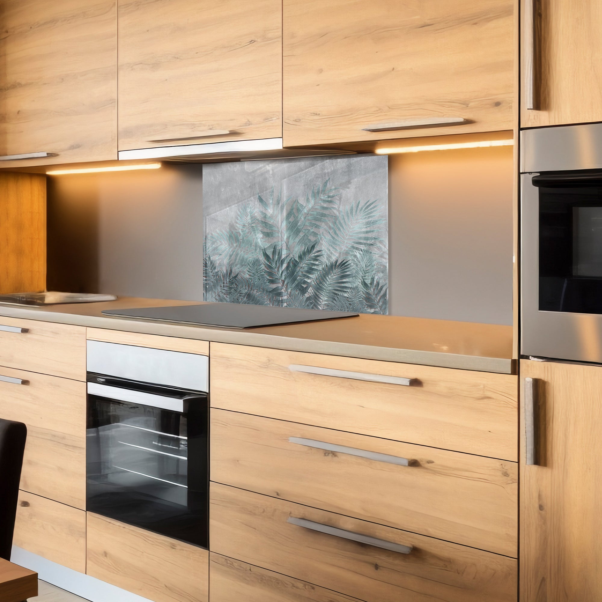 Tropical Leaves Tempered Glass Backsplash – Modern Botanical Kitchen Panel