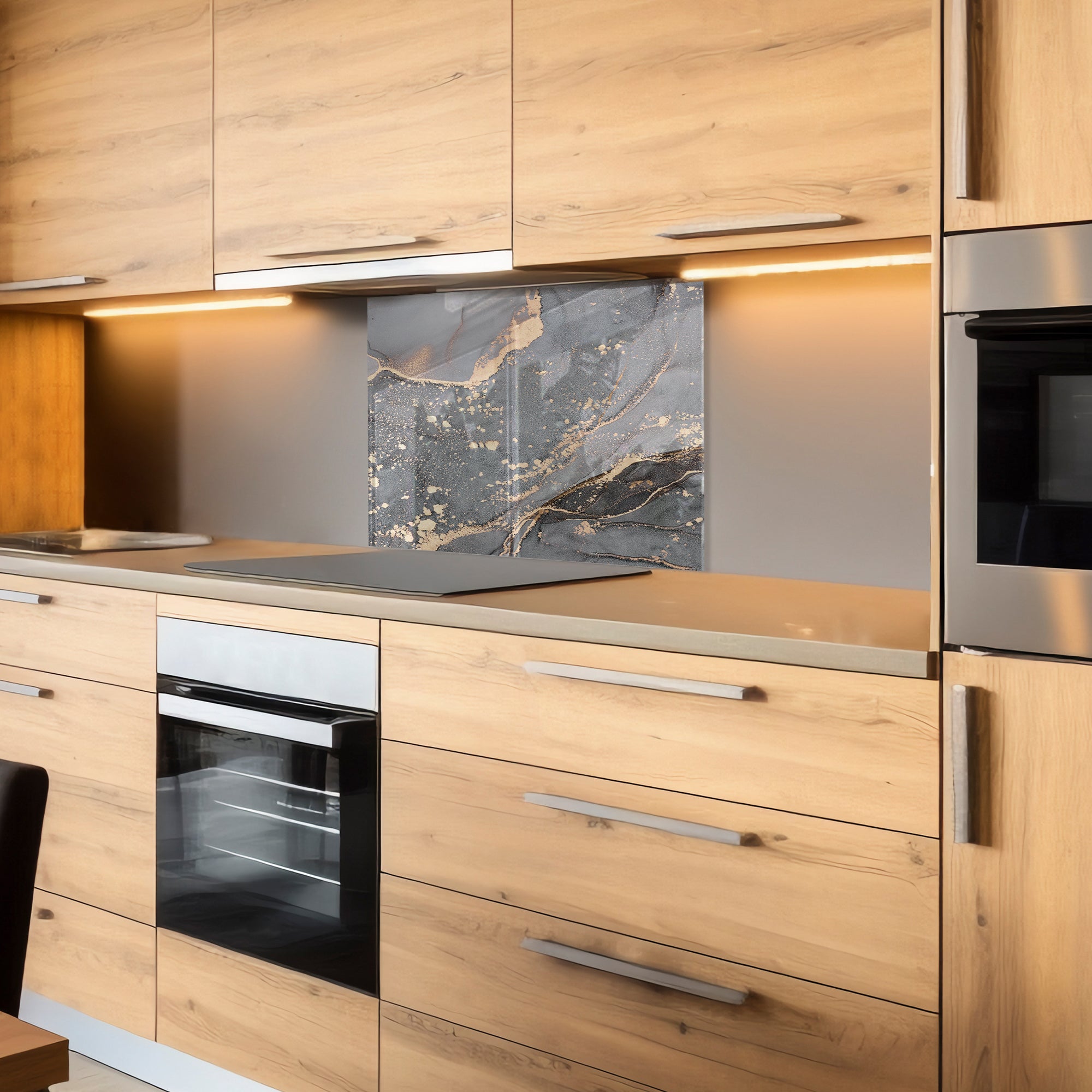 Grey Marble Tempered Glass Backsplash – Gold Vein Luxury Kitchen Panel