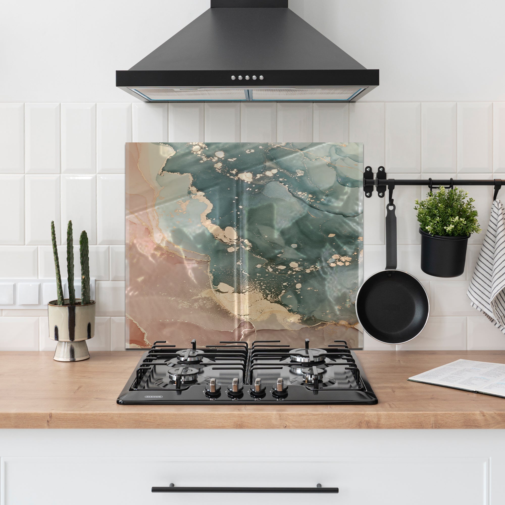 Green & Beige Ink Marble Glass Backsplash – Abstract Kitchen Panel