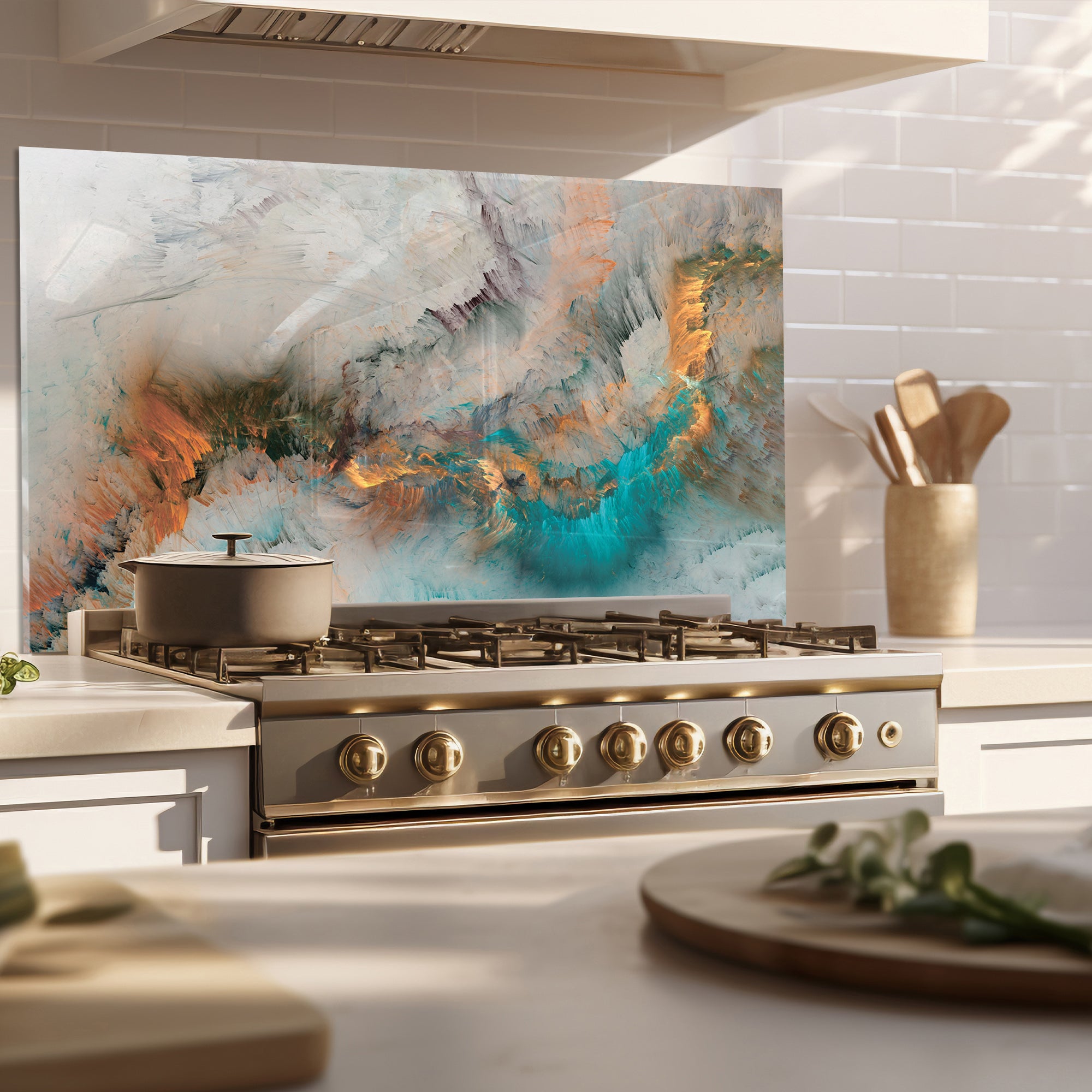 Abstract Ocean Mist Tempered Glass Backsplash – Turquoise & Copper Art Panel
