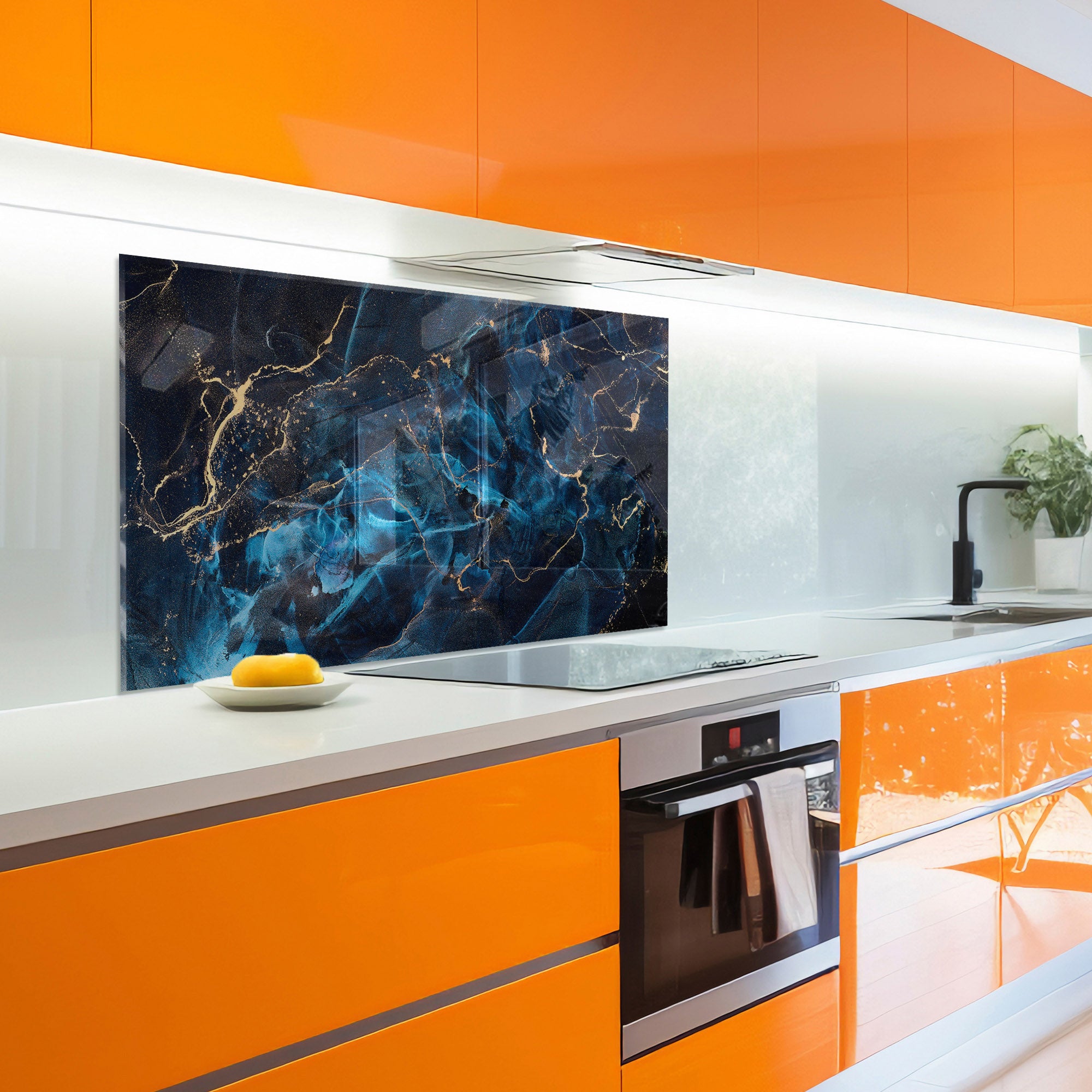 Blue Marble Tempered Glass Backsplash – Luxury Gold Vein Kitchen Panel