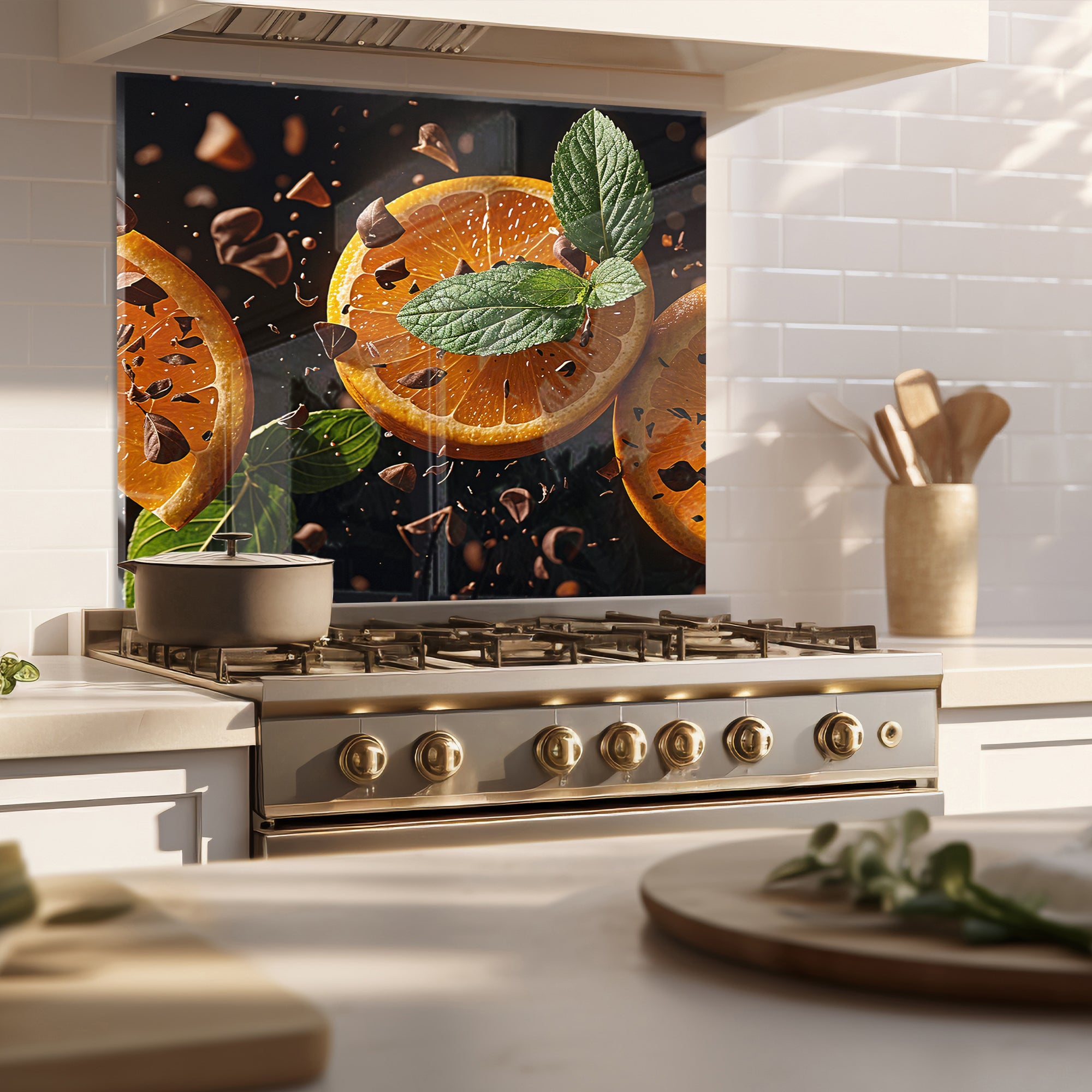 Citrus & Chocolate Harmony – Tempered Glass Kitchen Backsplash