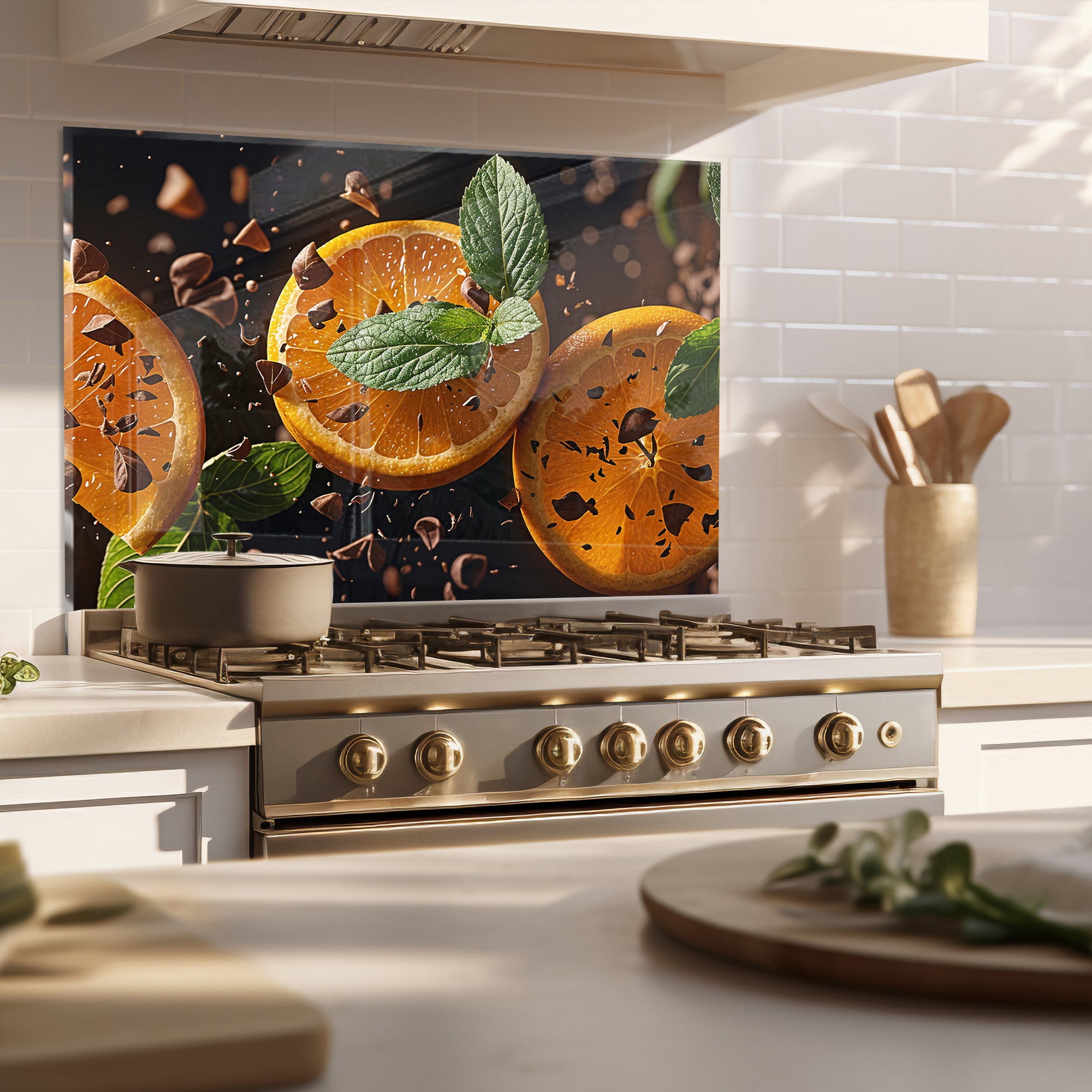 Citrus & Chocolate Harmony – Tempered Glass Kitchen Backsplash