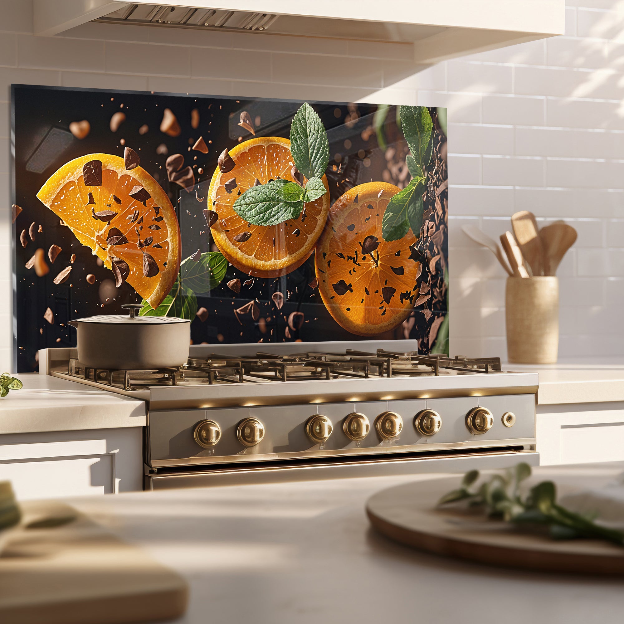 Citrus & Chocolate Harmony – Tempered Glass Kitchen Backsplash