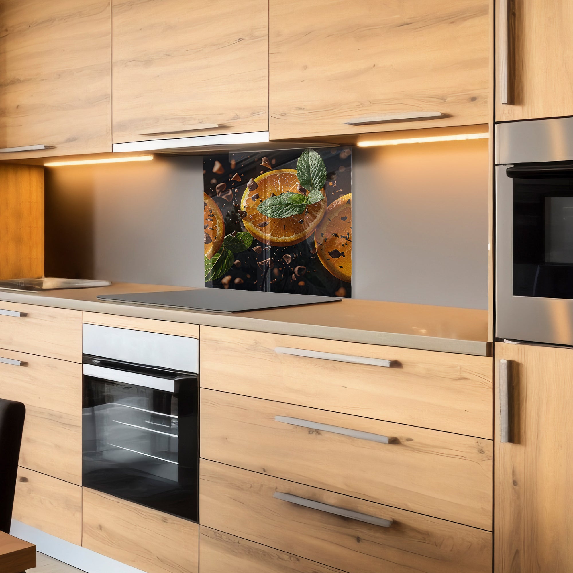 Citrus & Chocolate Harmony – Tempered Glass Kitchen Backsplash