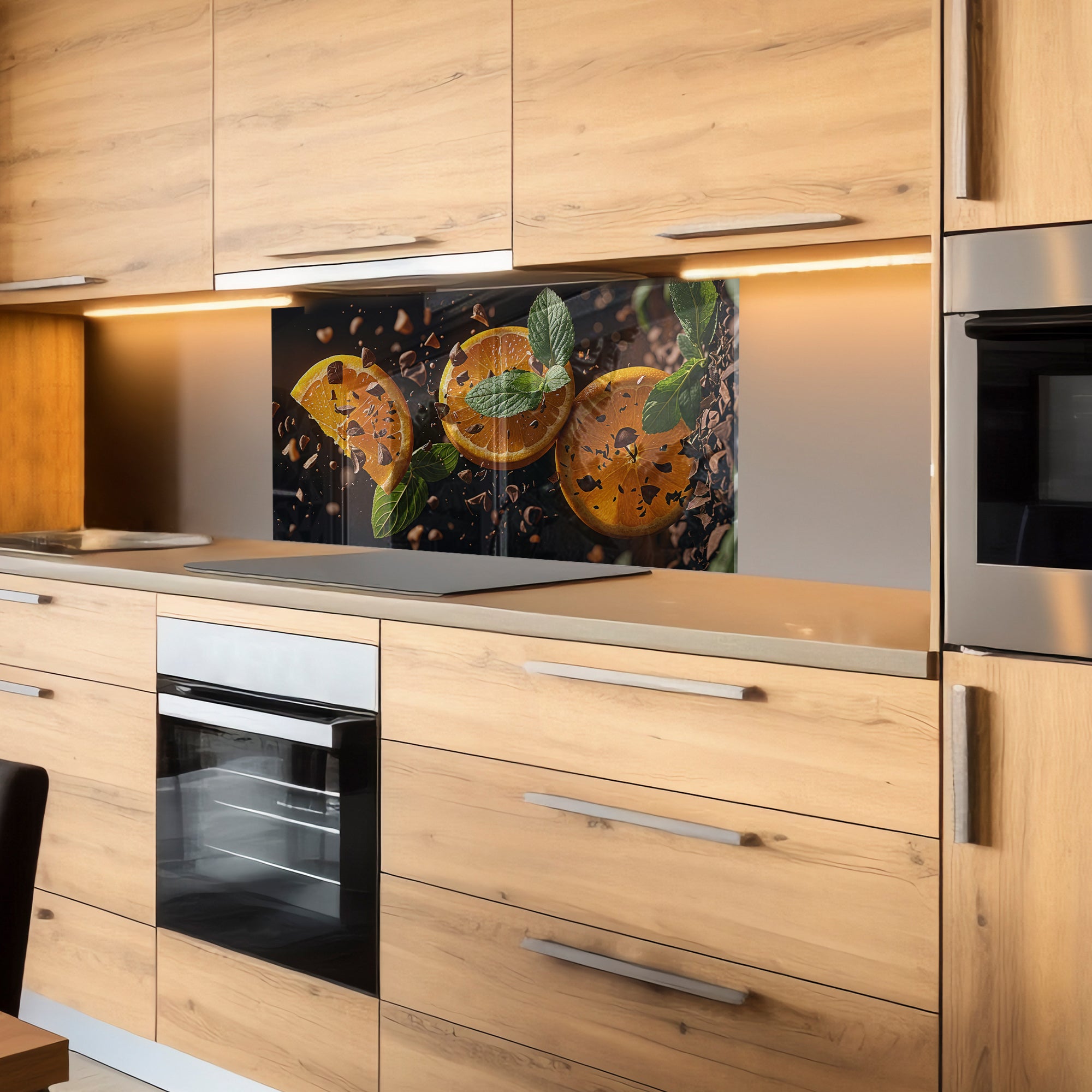 Citrus & Chocolate Harmony – Tempered Glass Kitchen Backsplash