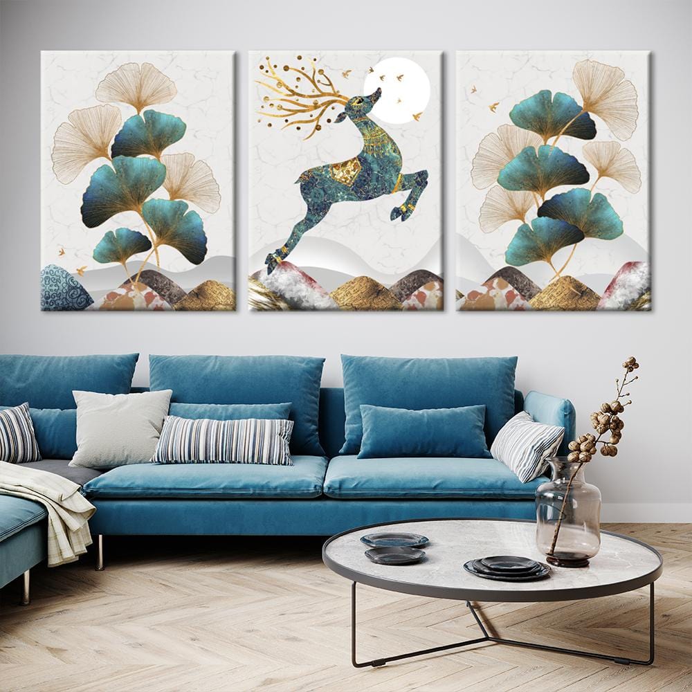 Nordic Gold Deer & Leaf Canvas