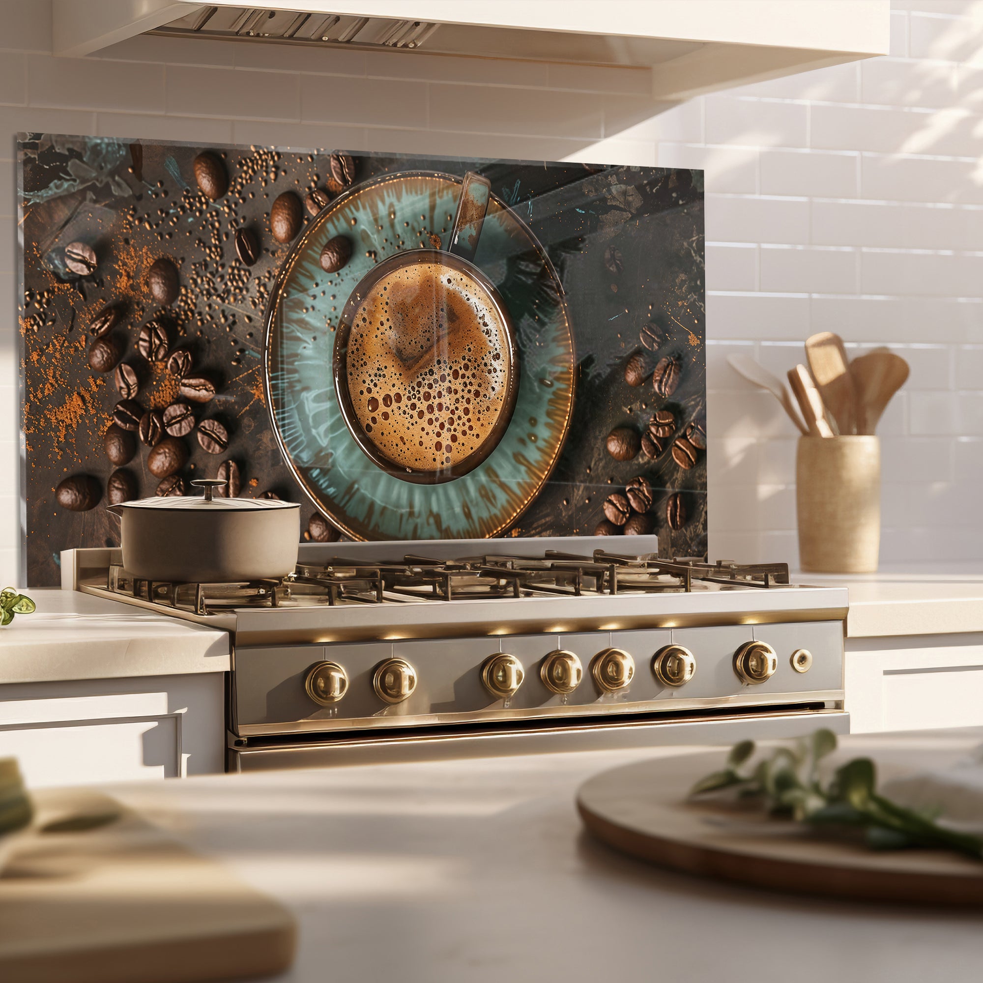 Rustic Coffee Moment – Tempered Glass Kitchen Backsplash Panel