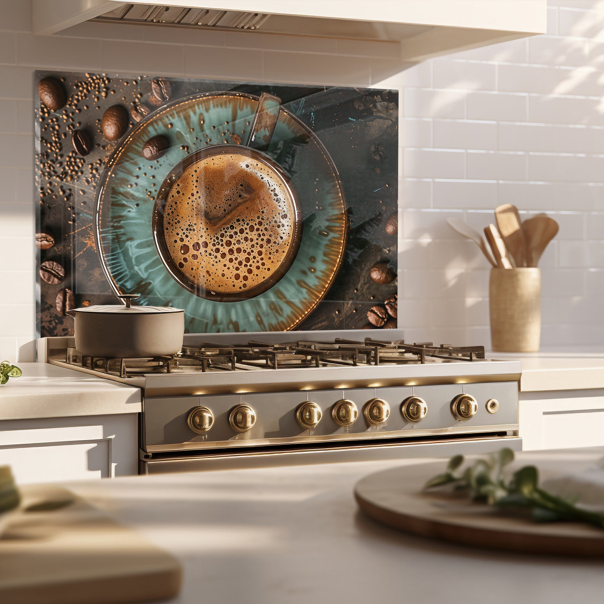 Rustic Coffee Moment – Tempered Glass Kitchen Backsplash Panel