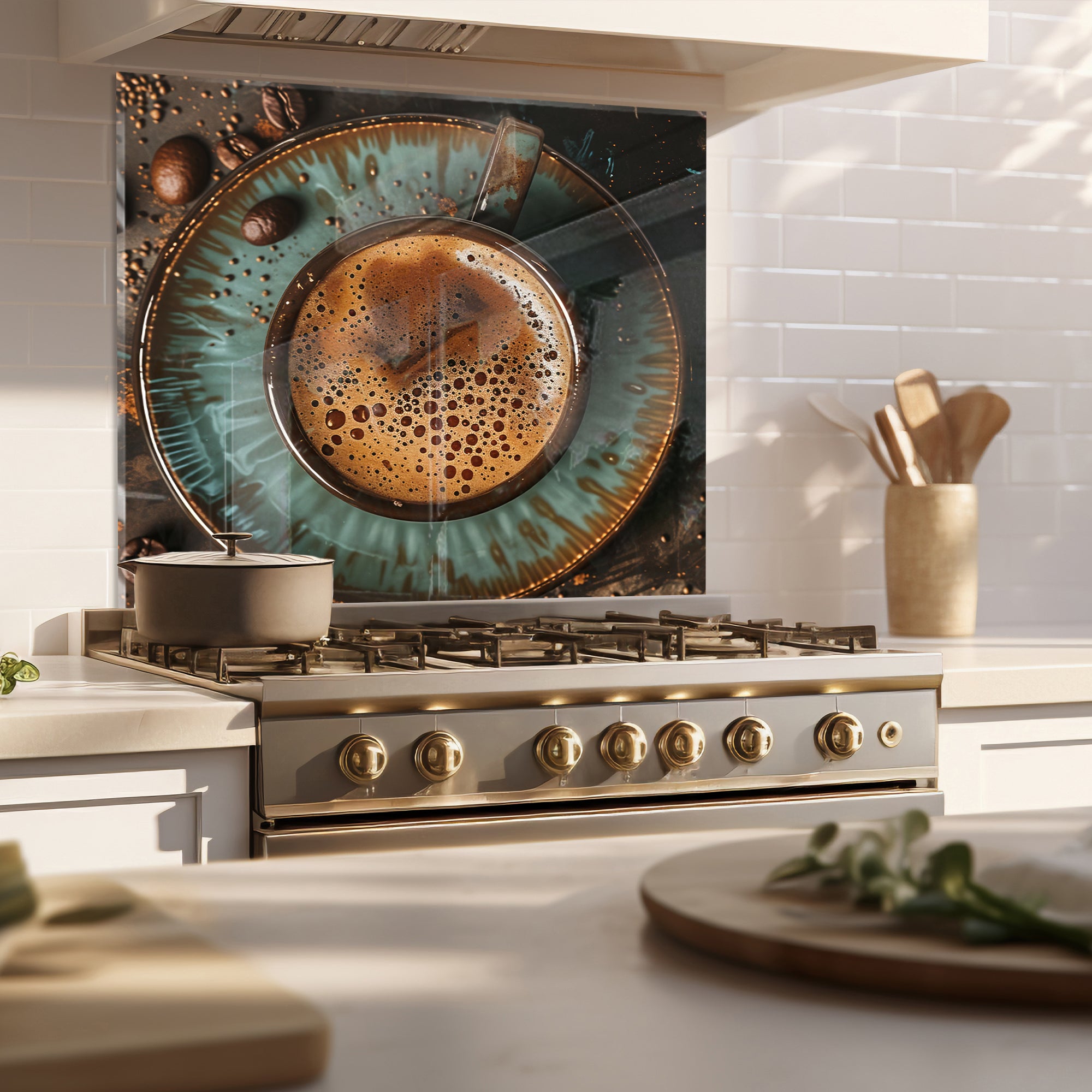 Rustic Coffee Moment – Tempered Glass Kitchen Backsplash Panel