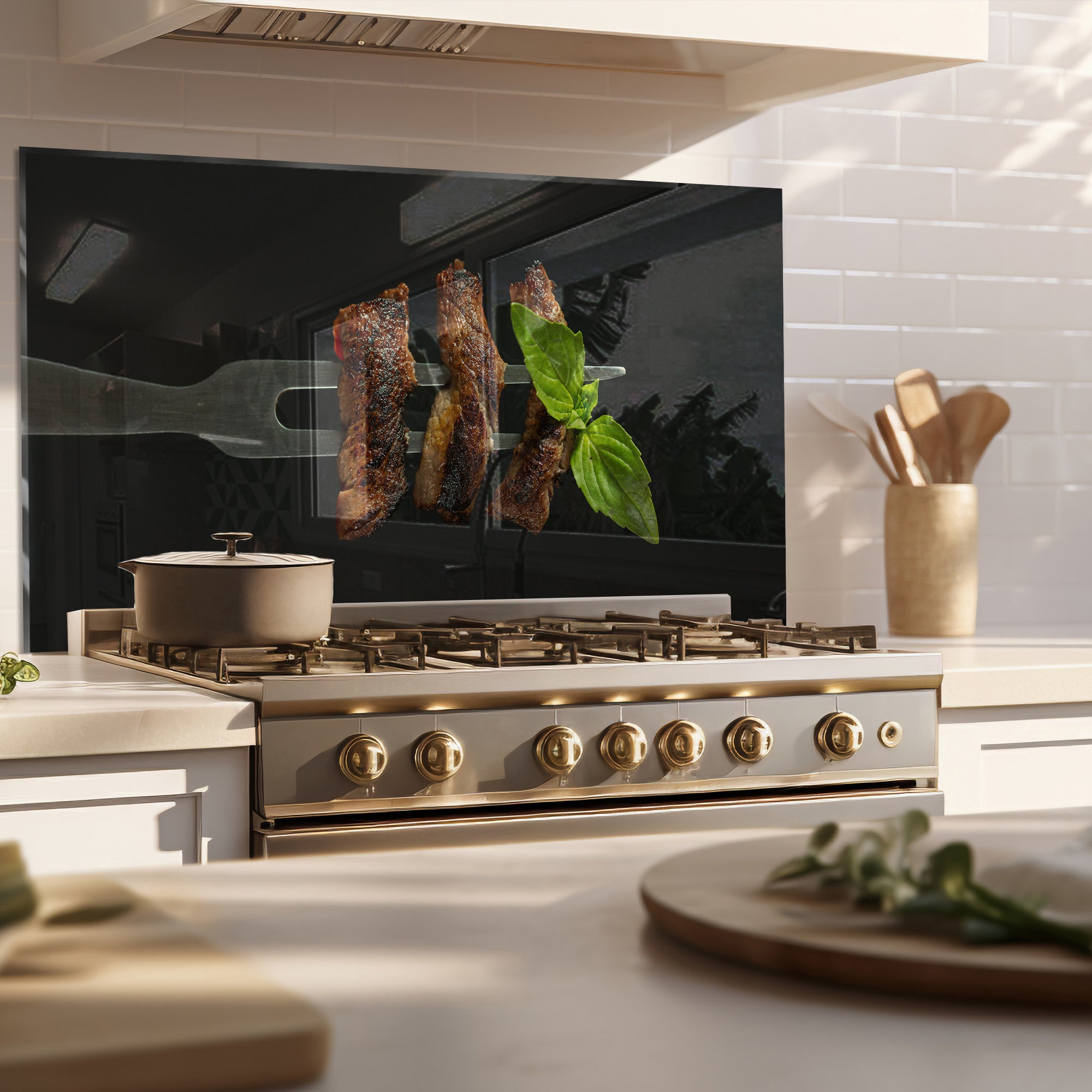 Steak & Basil Fork – Tempered Glass Kitchen Backsplash