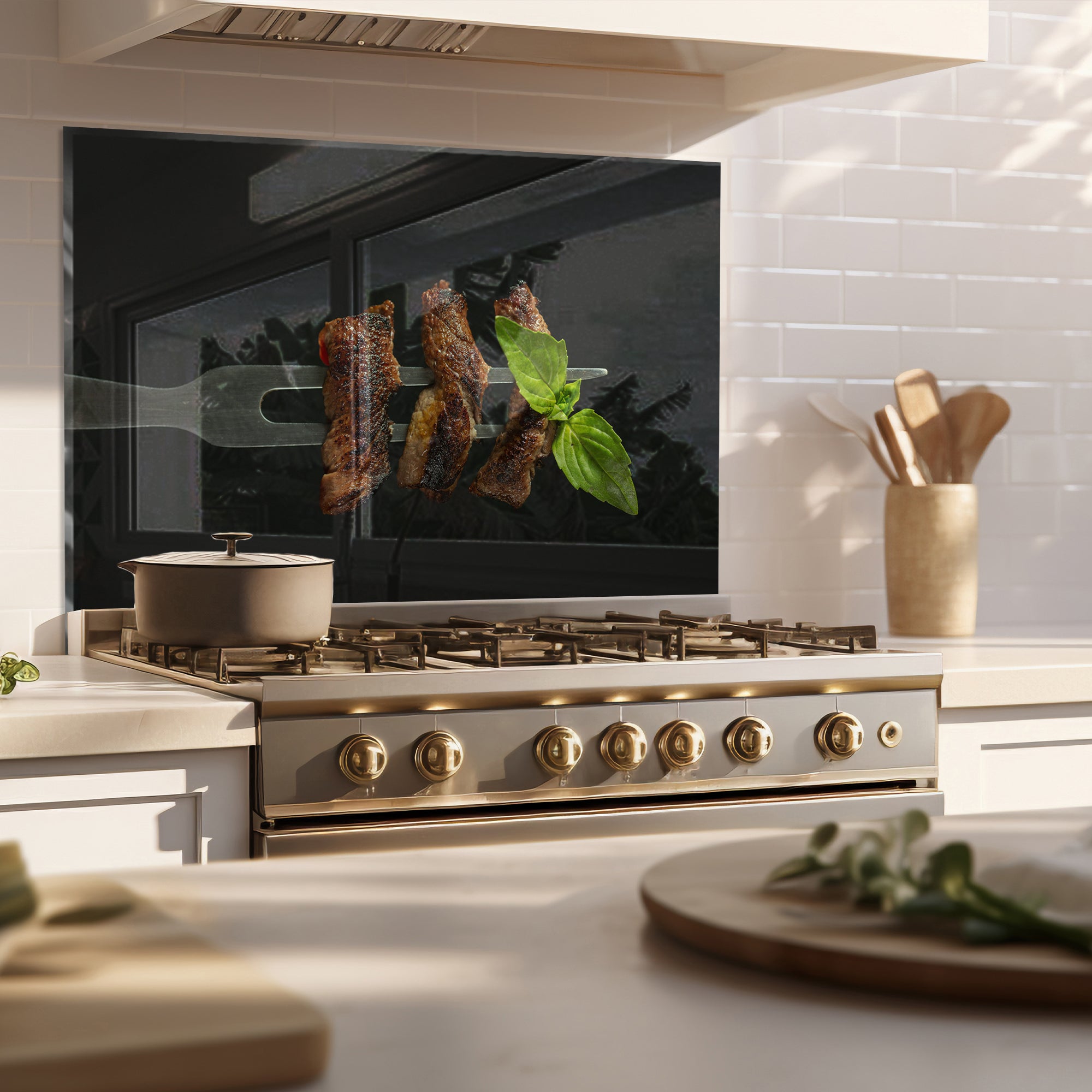 Steak & Basil Fork – Tempered Glass Kitchen Backsplash