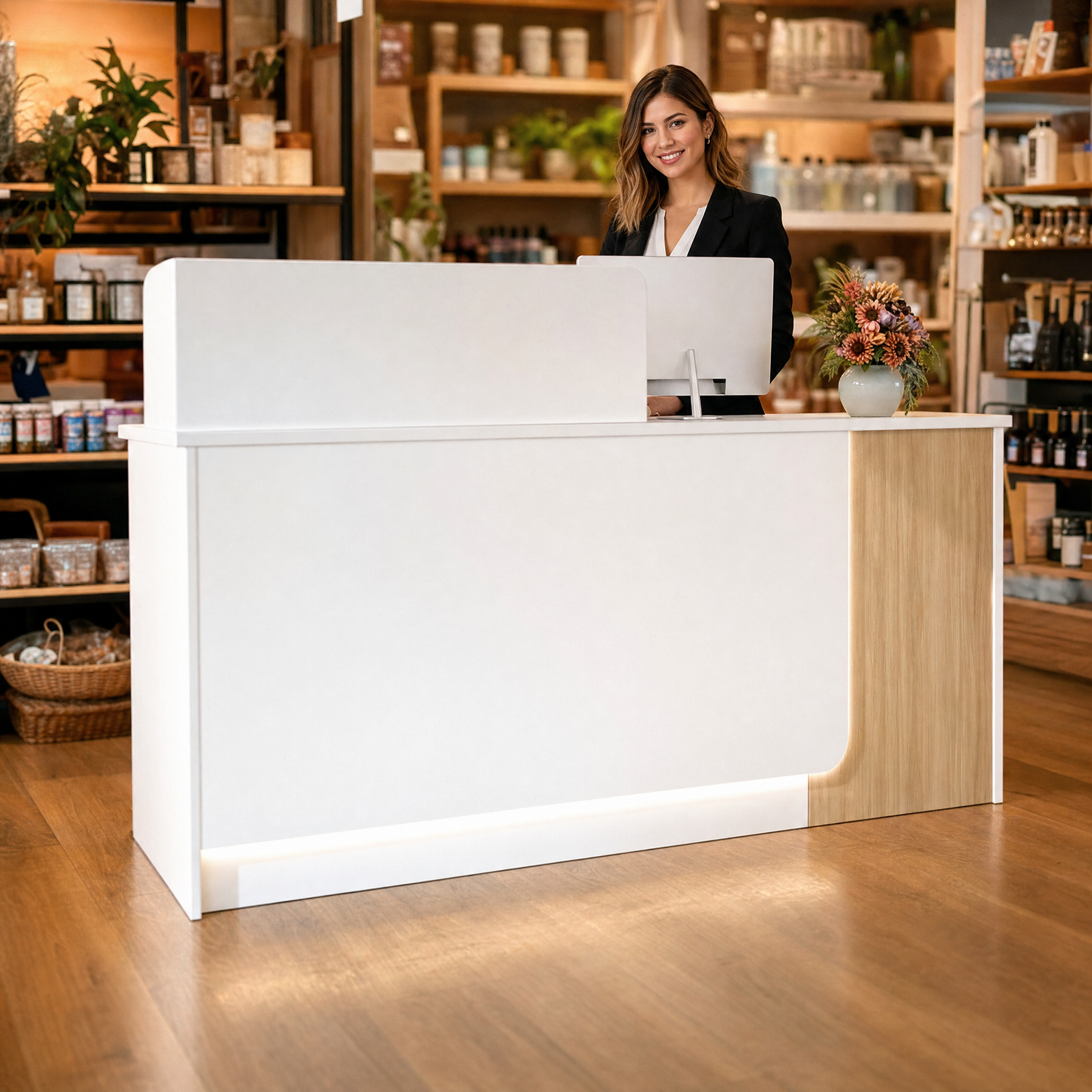 Modern reception desk with wood accent White front desk counter For salon spa beauty office