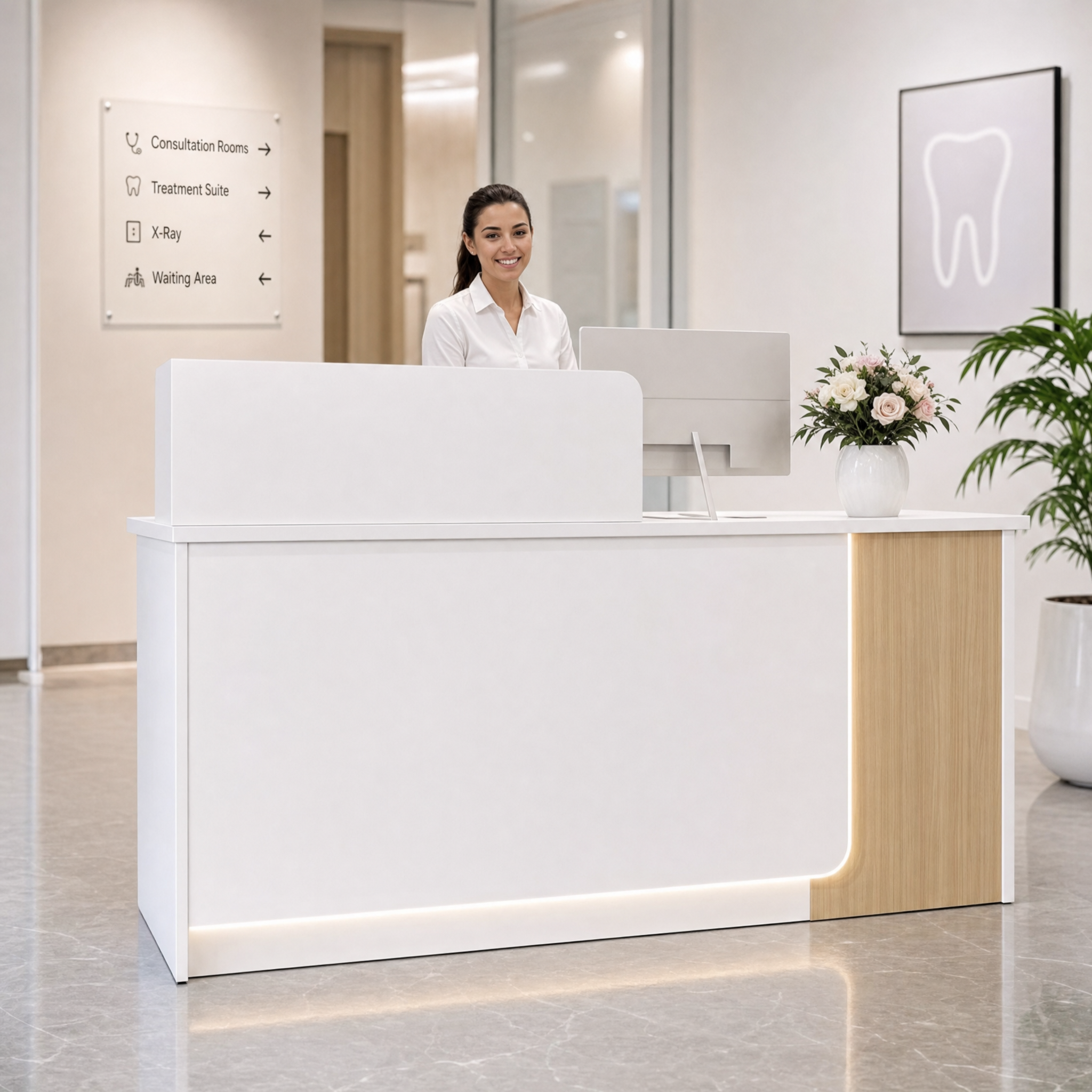 Modern reception desk with wood accent White front desk counter For salon spa beauty office