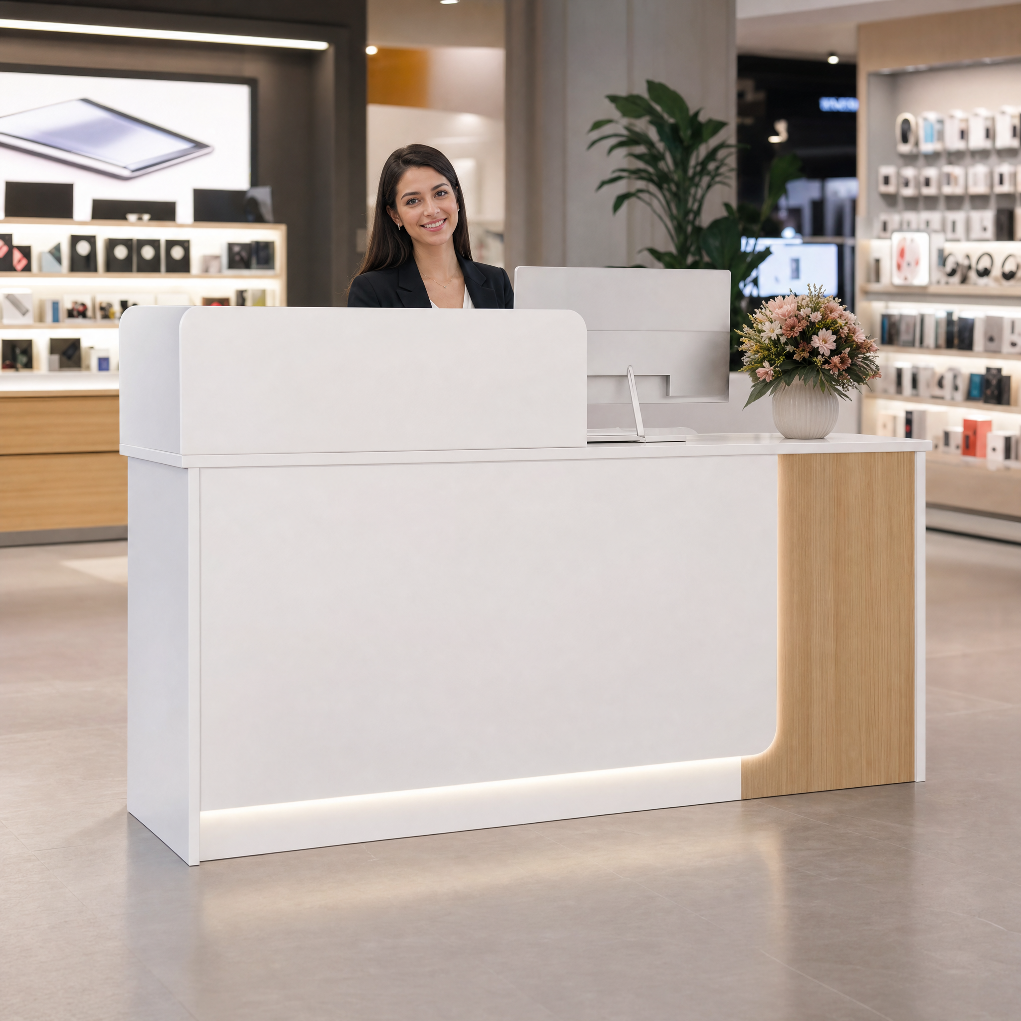 Modern reception desk with wood accent White front desk counter For salon spa beauty office