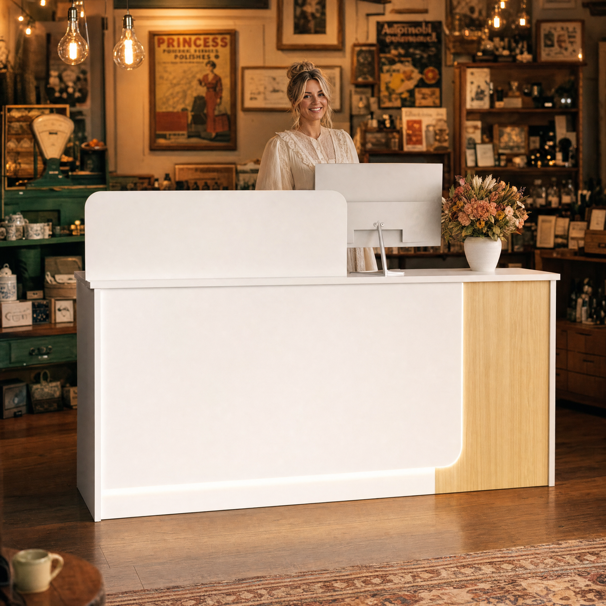 Modern reception desk with wood accent White front desk counter For salon spa beauty office