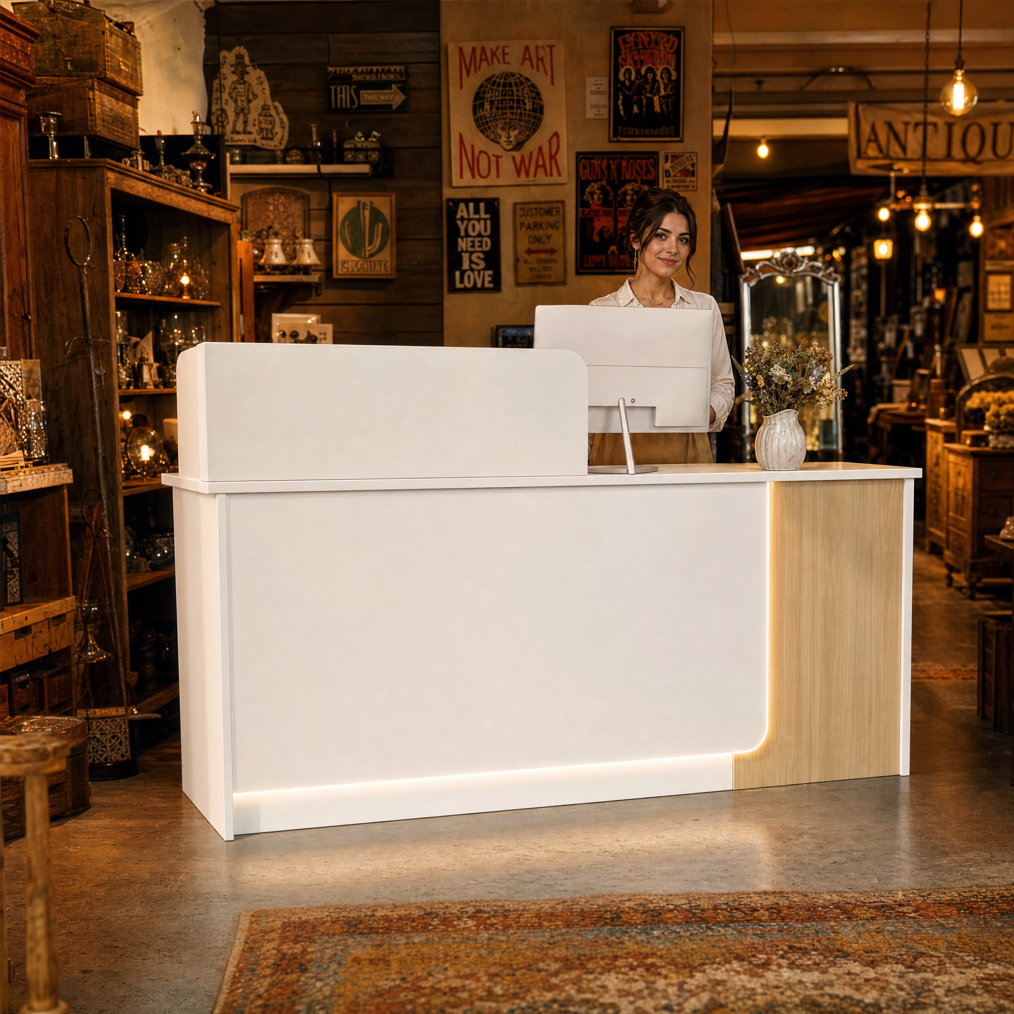 Modern reception desk with wood accent White front desk counter For salon spa beauty office