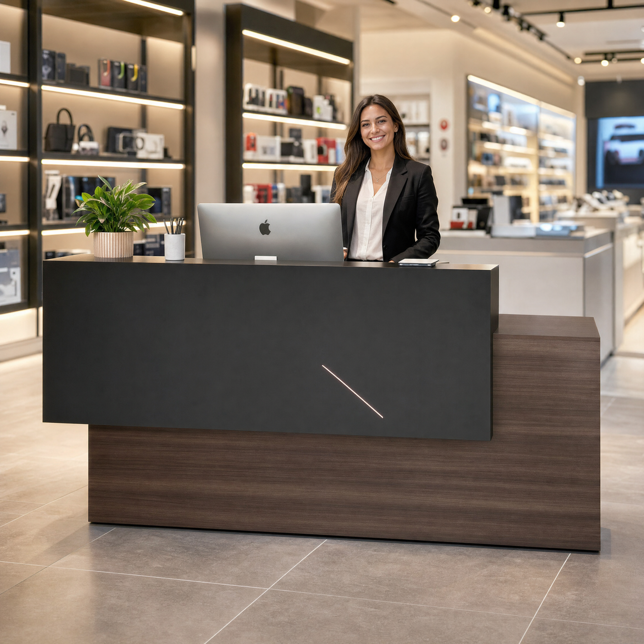 Modern reception desk with wood finish Dark front desk counter For office lobby hotel salon