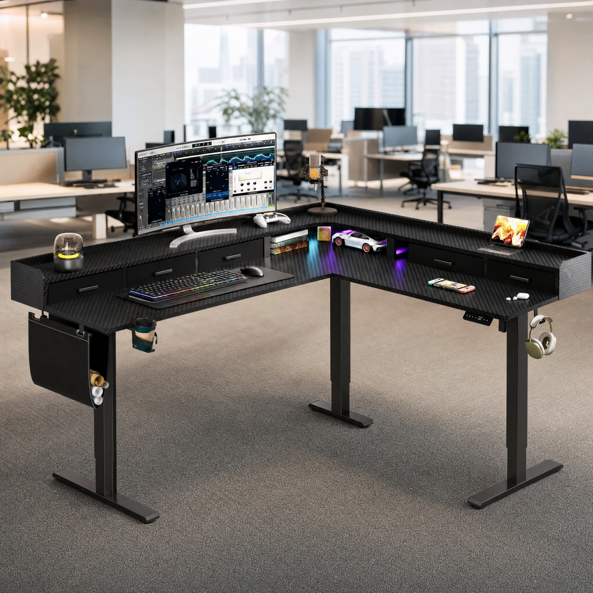 Electric standing desk with storage drawers Corner l shaped gaming desk For home office game room