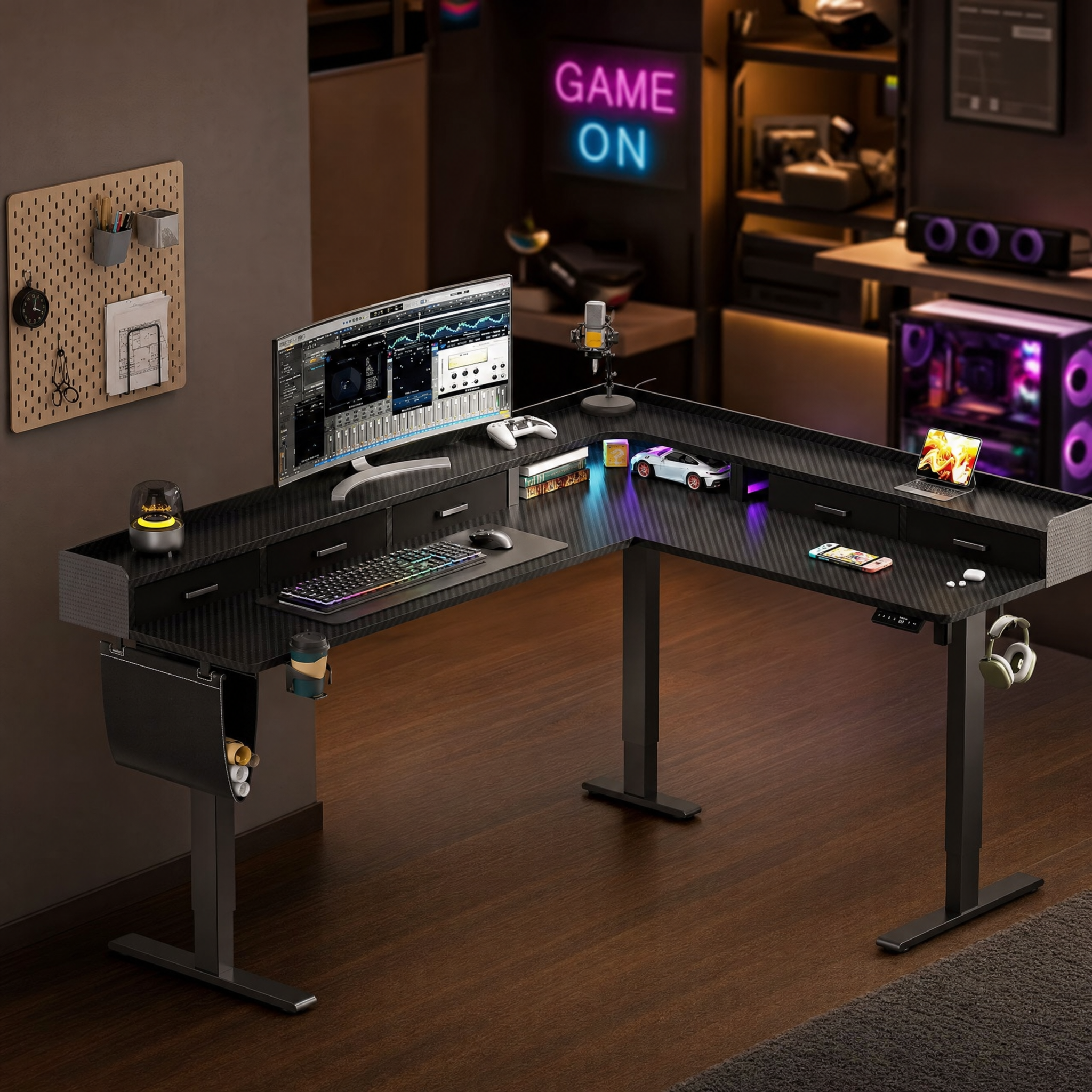 Electric standing desk with storage drawers Corner l shaped gaming desk For home office game room