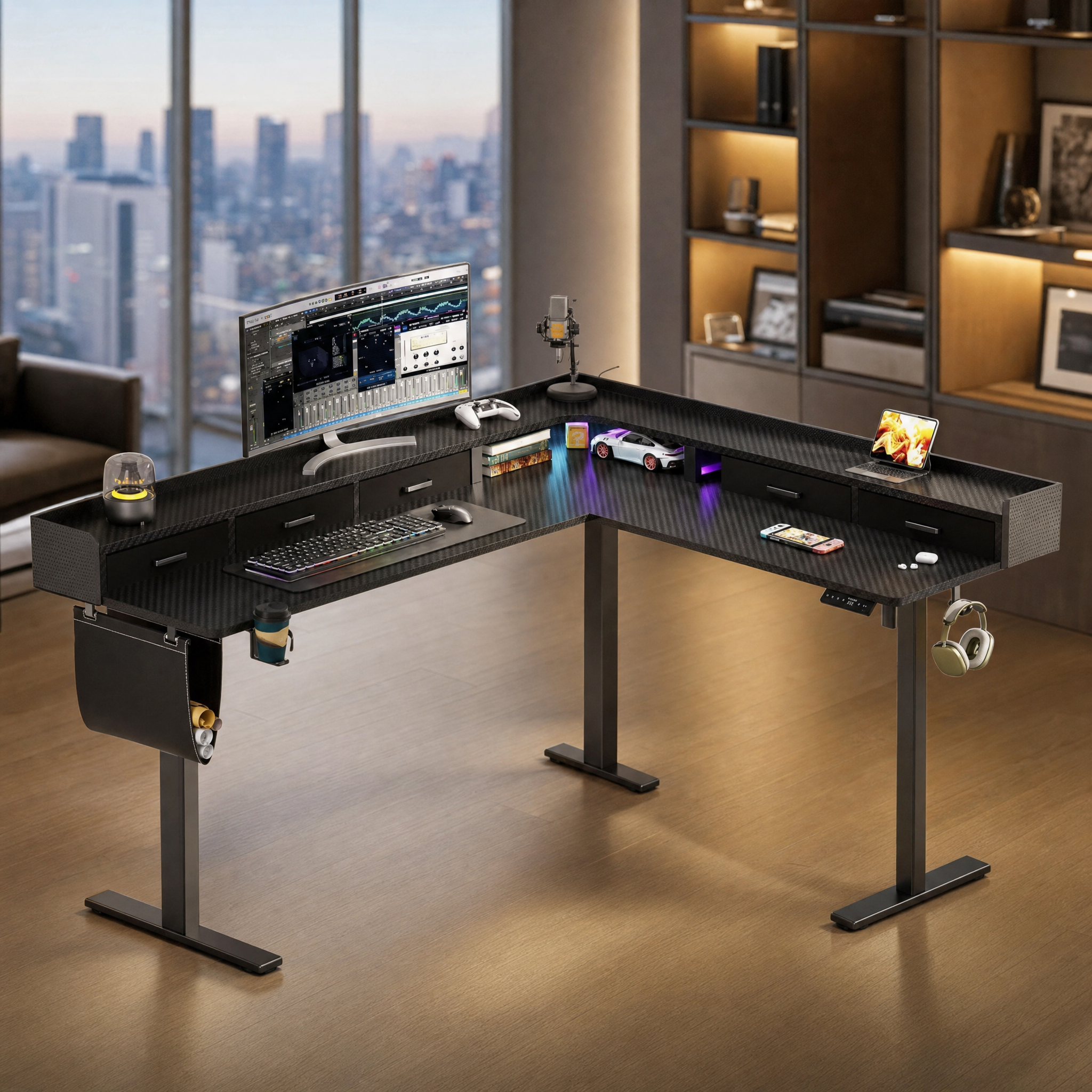 Electric standing desk with storage drawers Corner l shaped gaming desk For home office game room