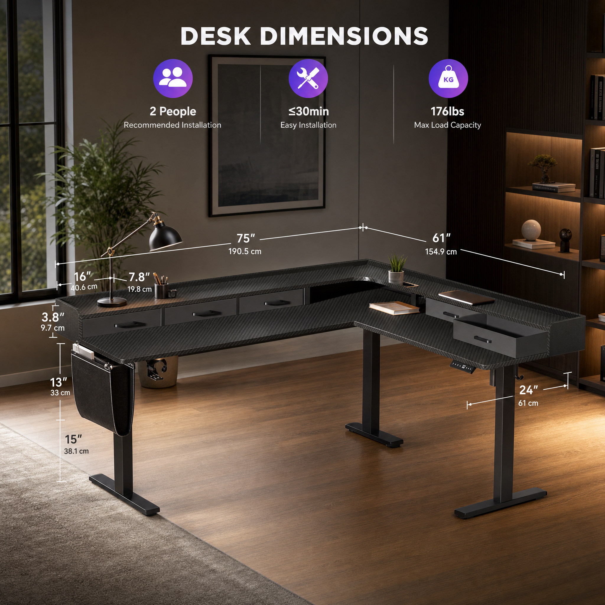 Electric standing desk with storage drawers Corner l shaped gaming desk For home office game room