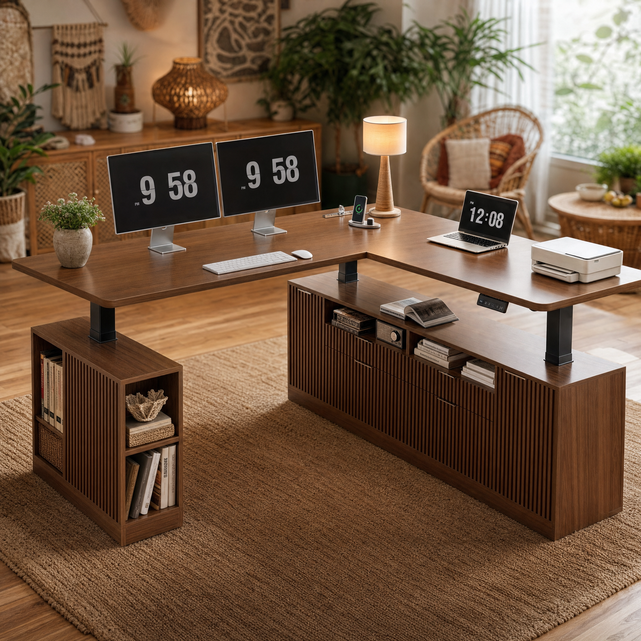 Electric standing desk with storage cabinet Walnut l shaped executive desk For home office