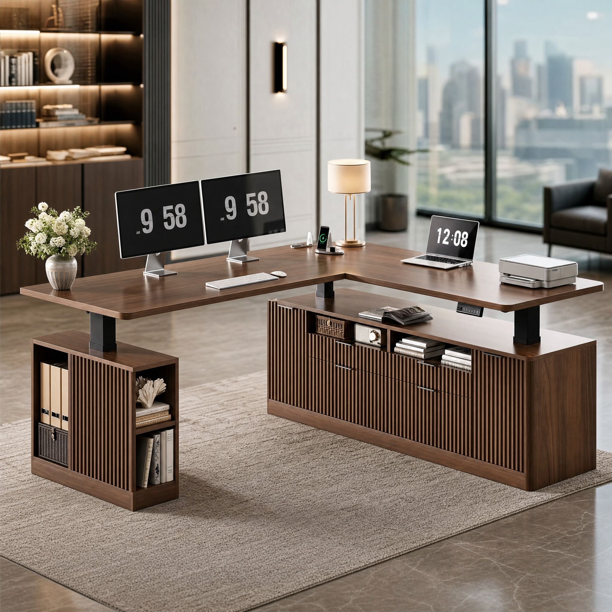 Electric standing desk with storage cabinet Walnut l shaped executive desk For home office