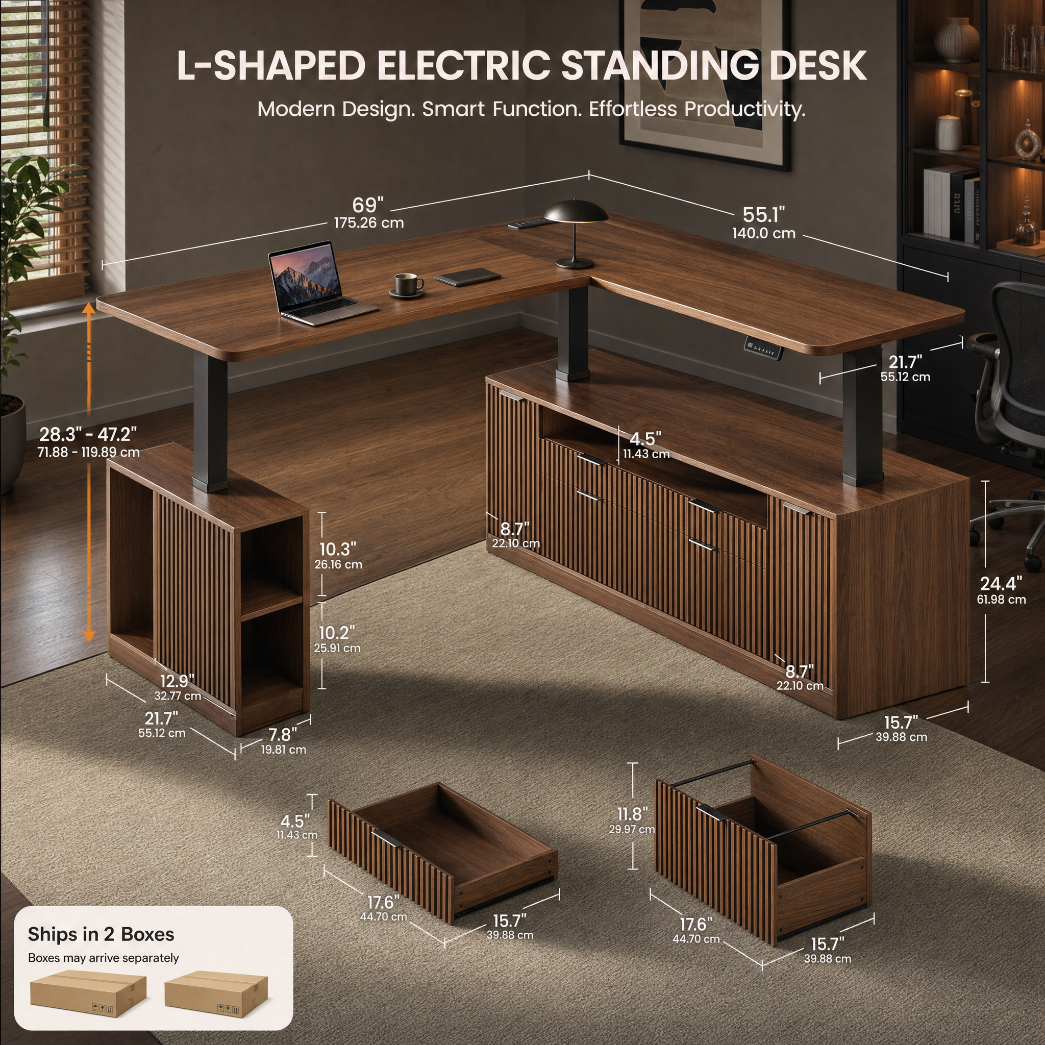 Electric standing desk with storage cabinet Walnut l shaped executive desk For home office