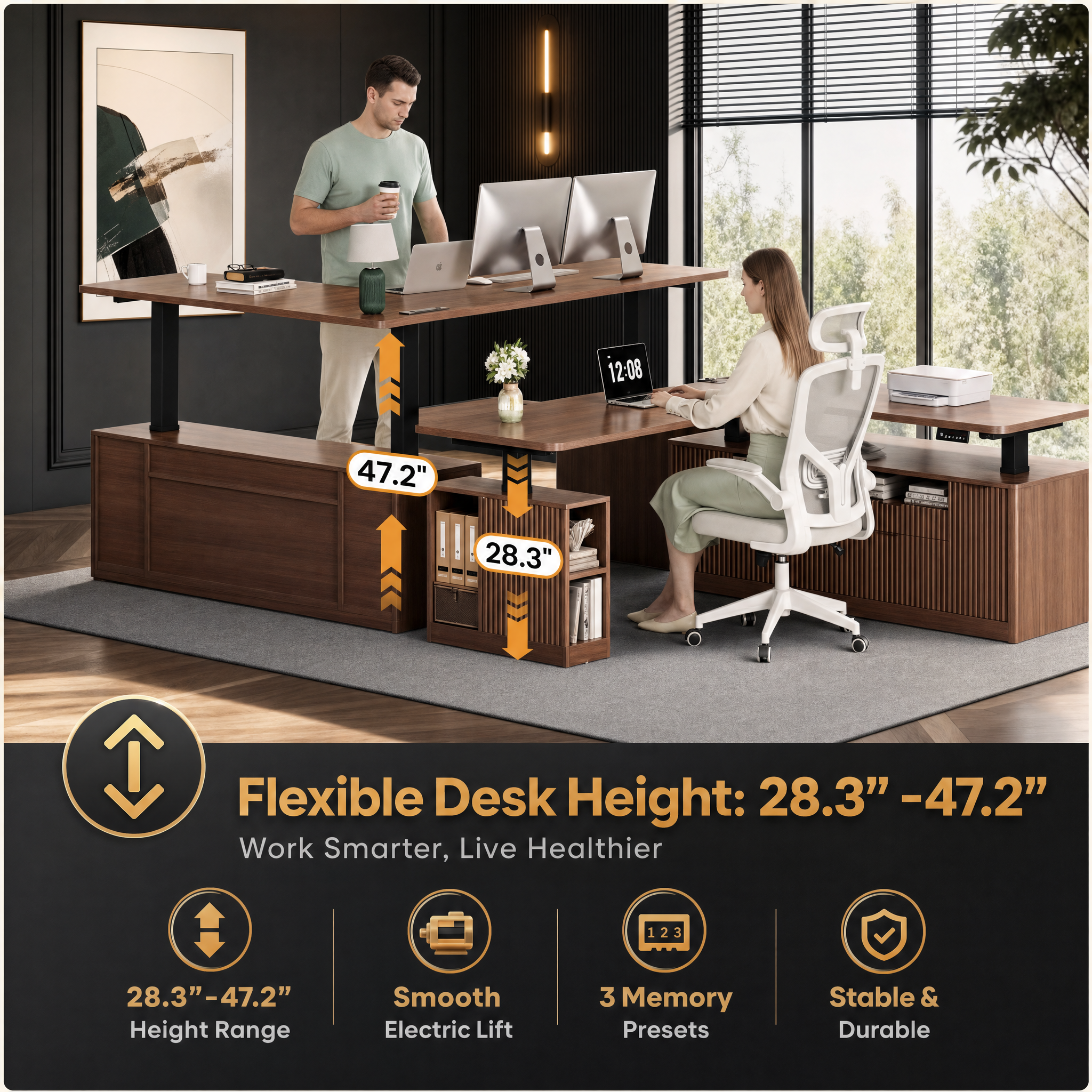Electric standing desk with storage cabinet Walnut l shaped executive desk For home office