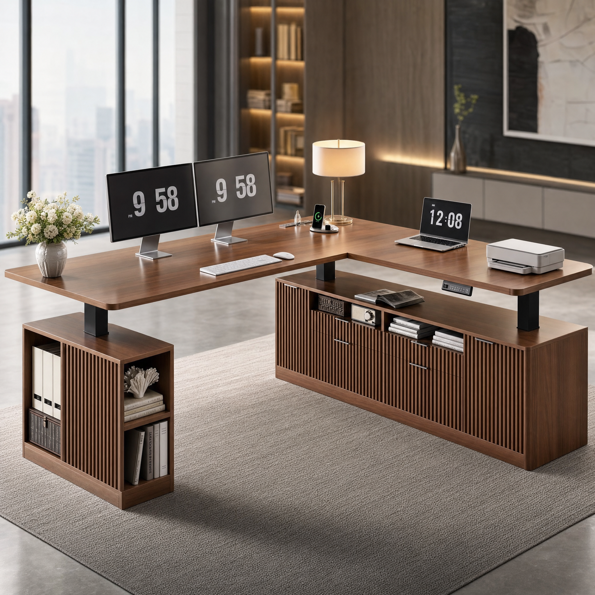 Electric standing desk with storage cabinet Walnut l shaped executive desk For home office
