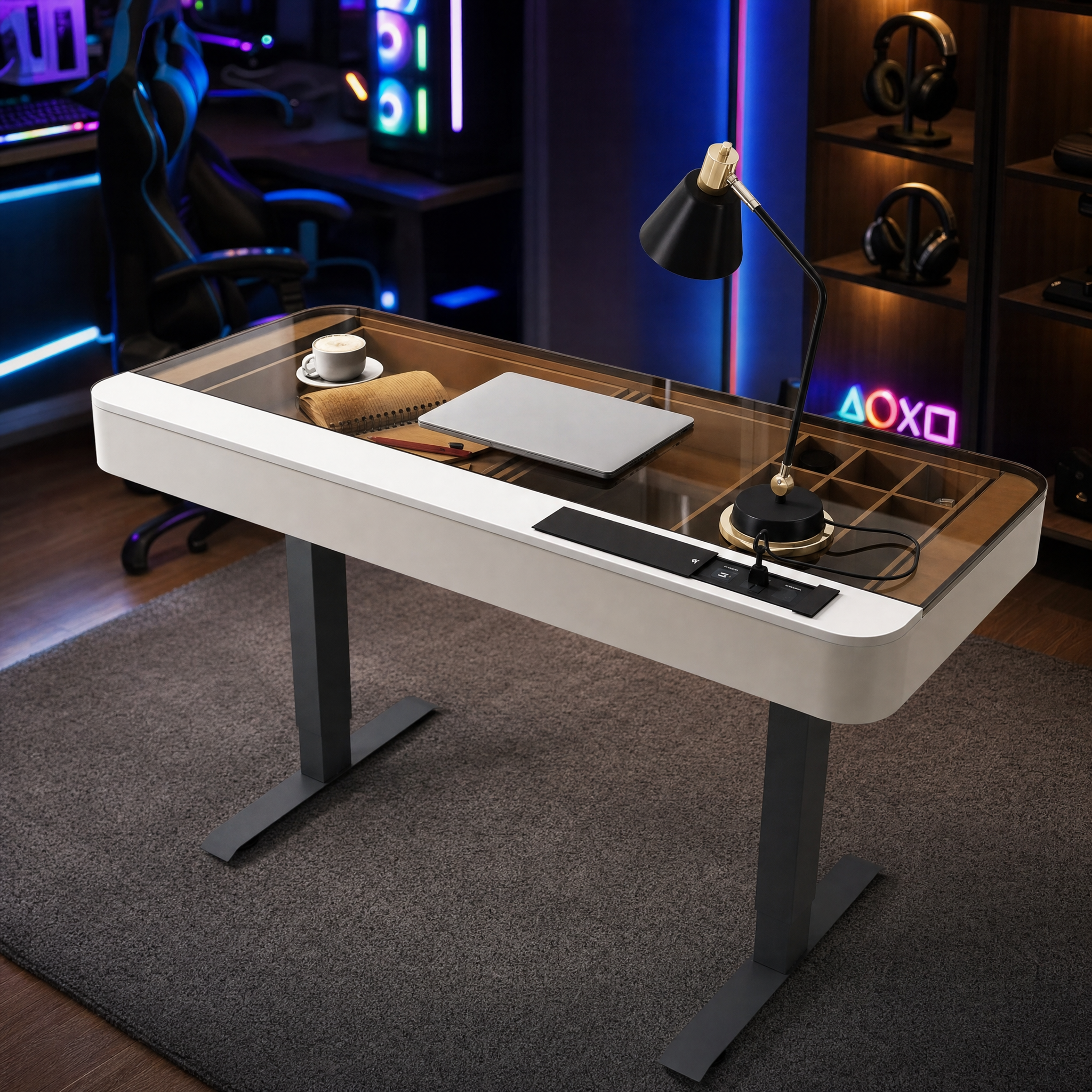 Electric standing desk with glass top White small computer desk For home office bedroom