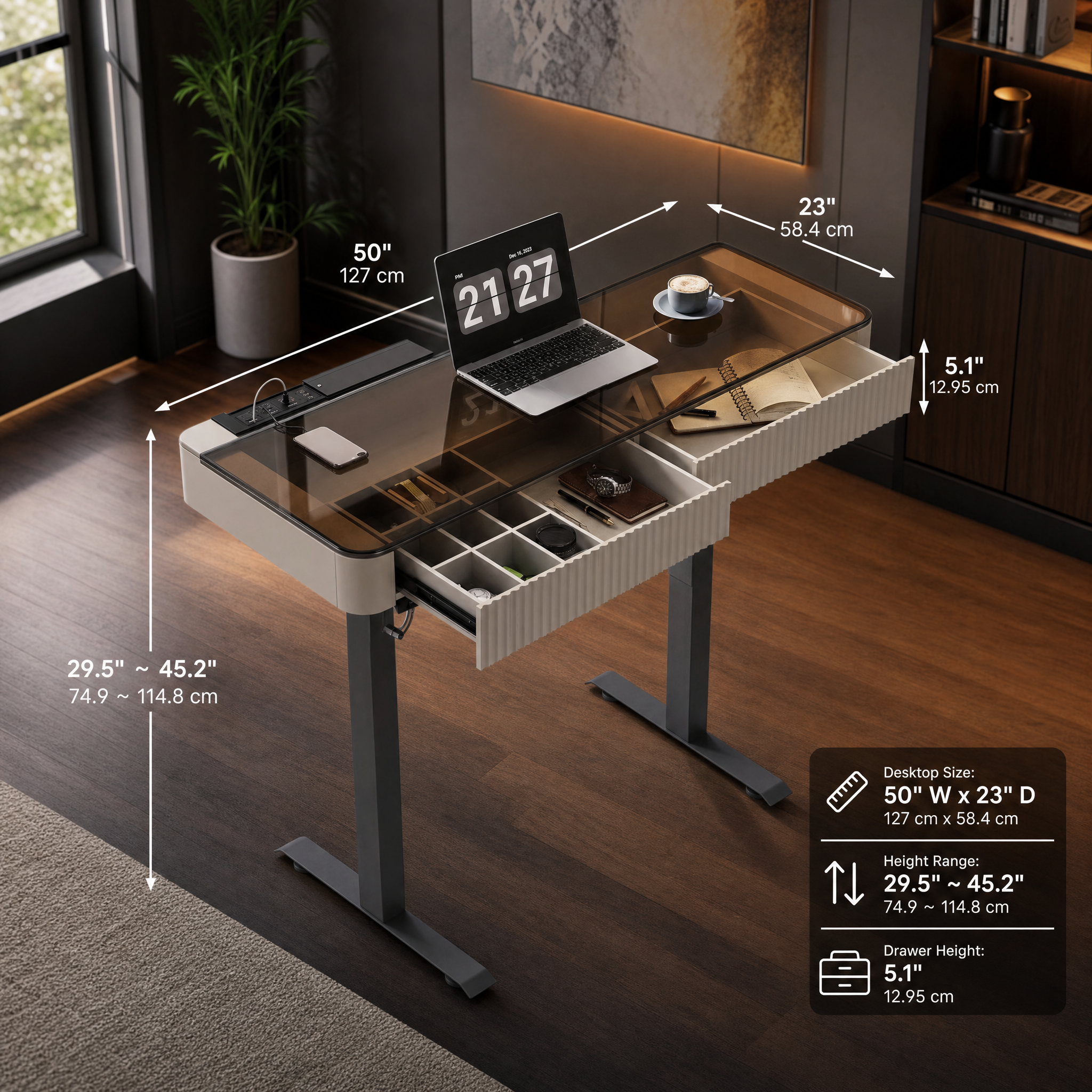 Electric standing desk with glass top White small computer desk For home office bedroom