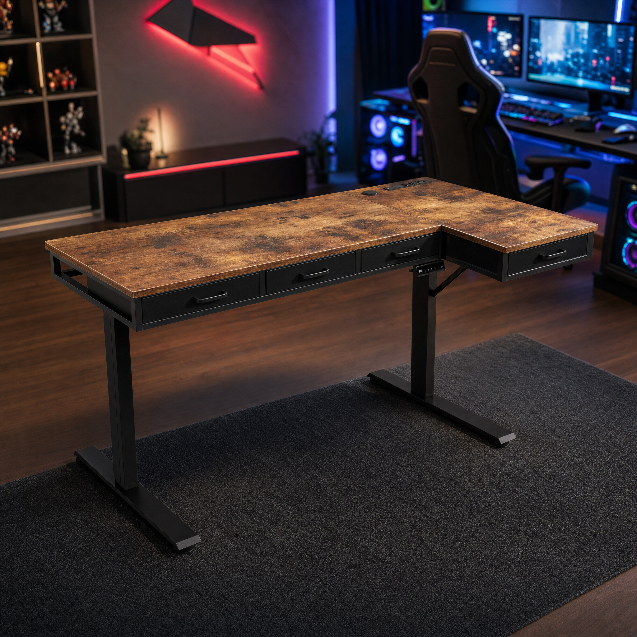 Electric standing desk with 4 drawers Rustic wood l shaped desk For home office studio