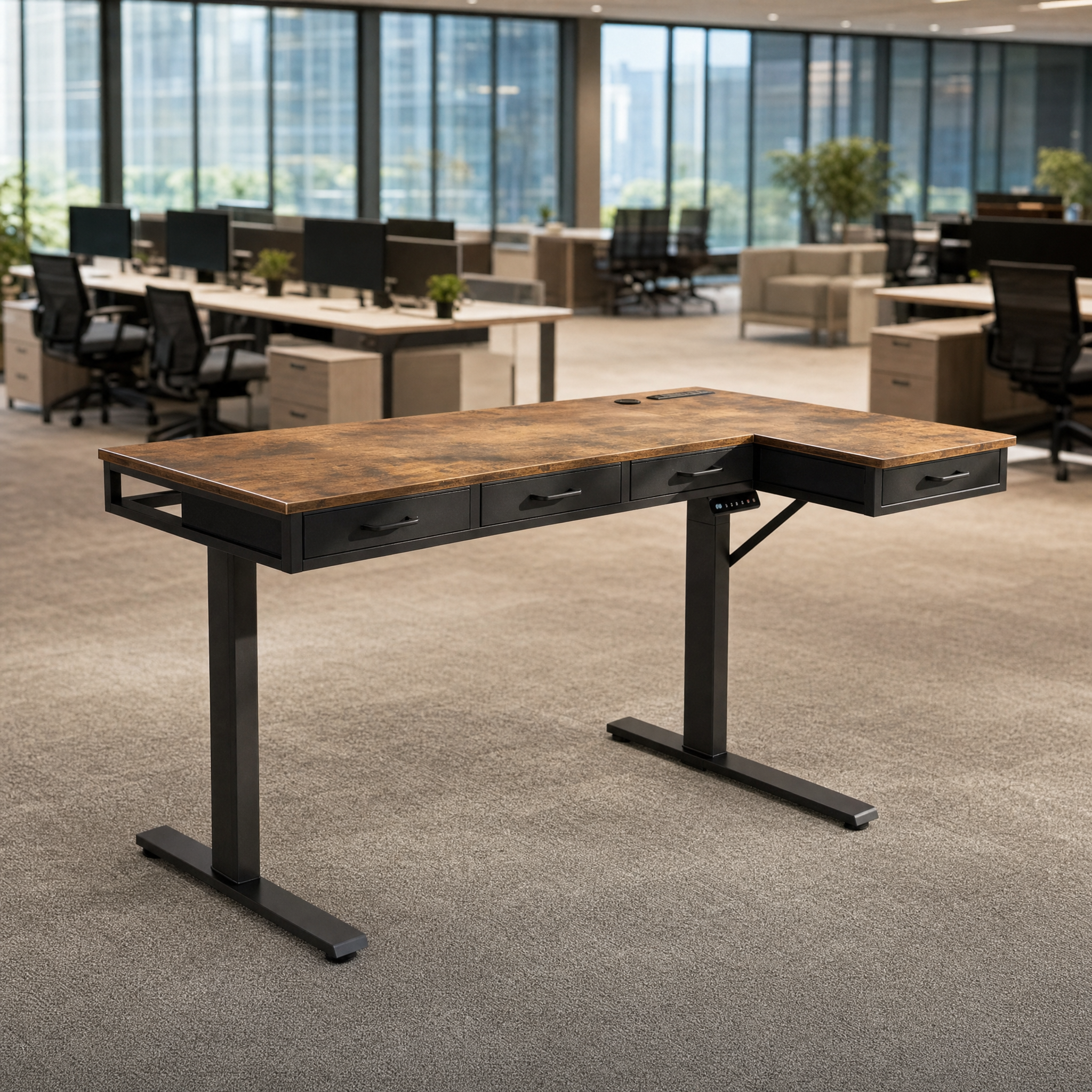 Electric standing desk with 4 drawers Rustic wood l shaped desk For home office studio