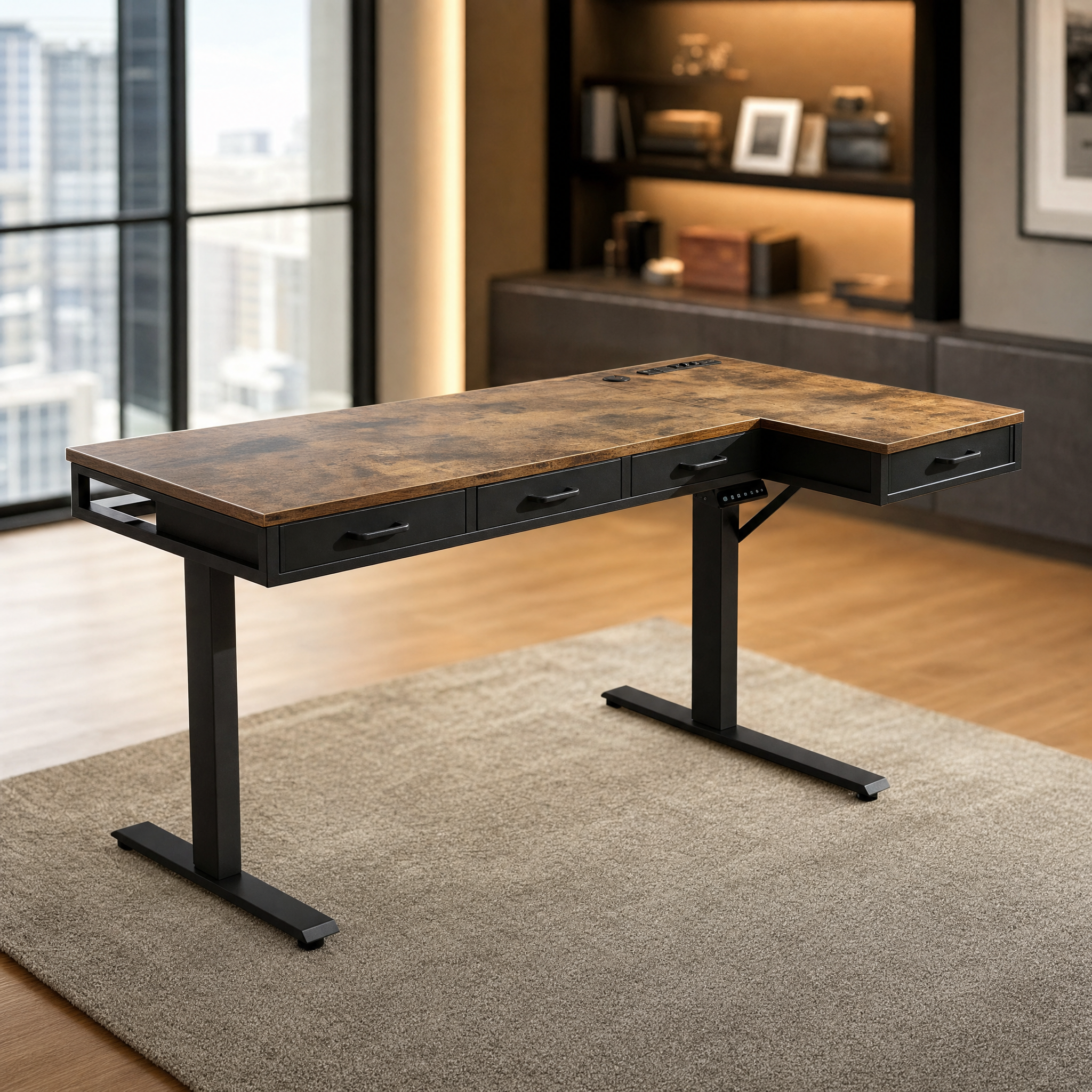 Electric standing desk with 4 drawers Rustic wood l shaped desk For home office studio