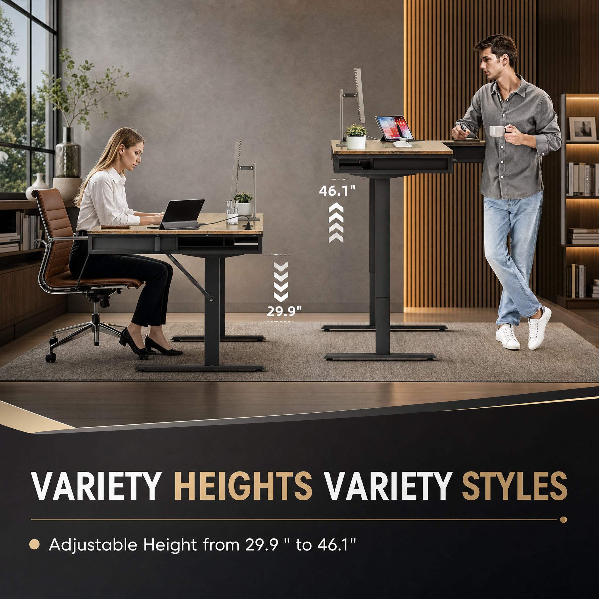 Electric standing desk with 4 drawers Rustic wood l shaped desk For home office studio